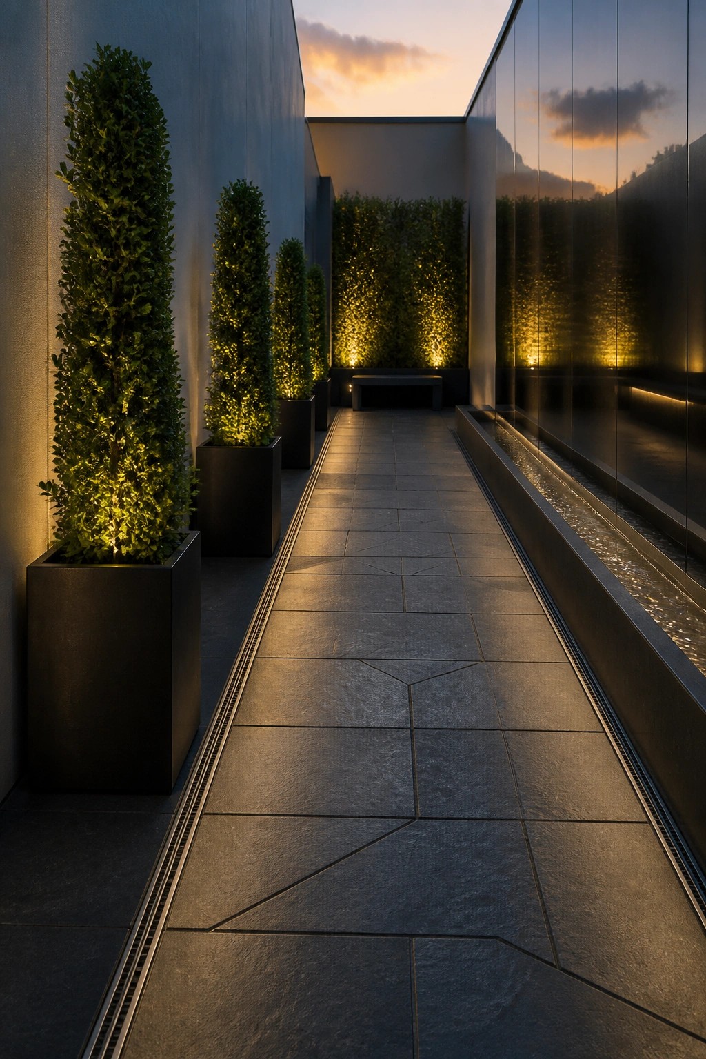 A narrow paved path runs between dark walls, lined on the left with tall shrubs in black pots and on the right by a long water channel.