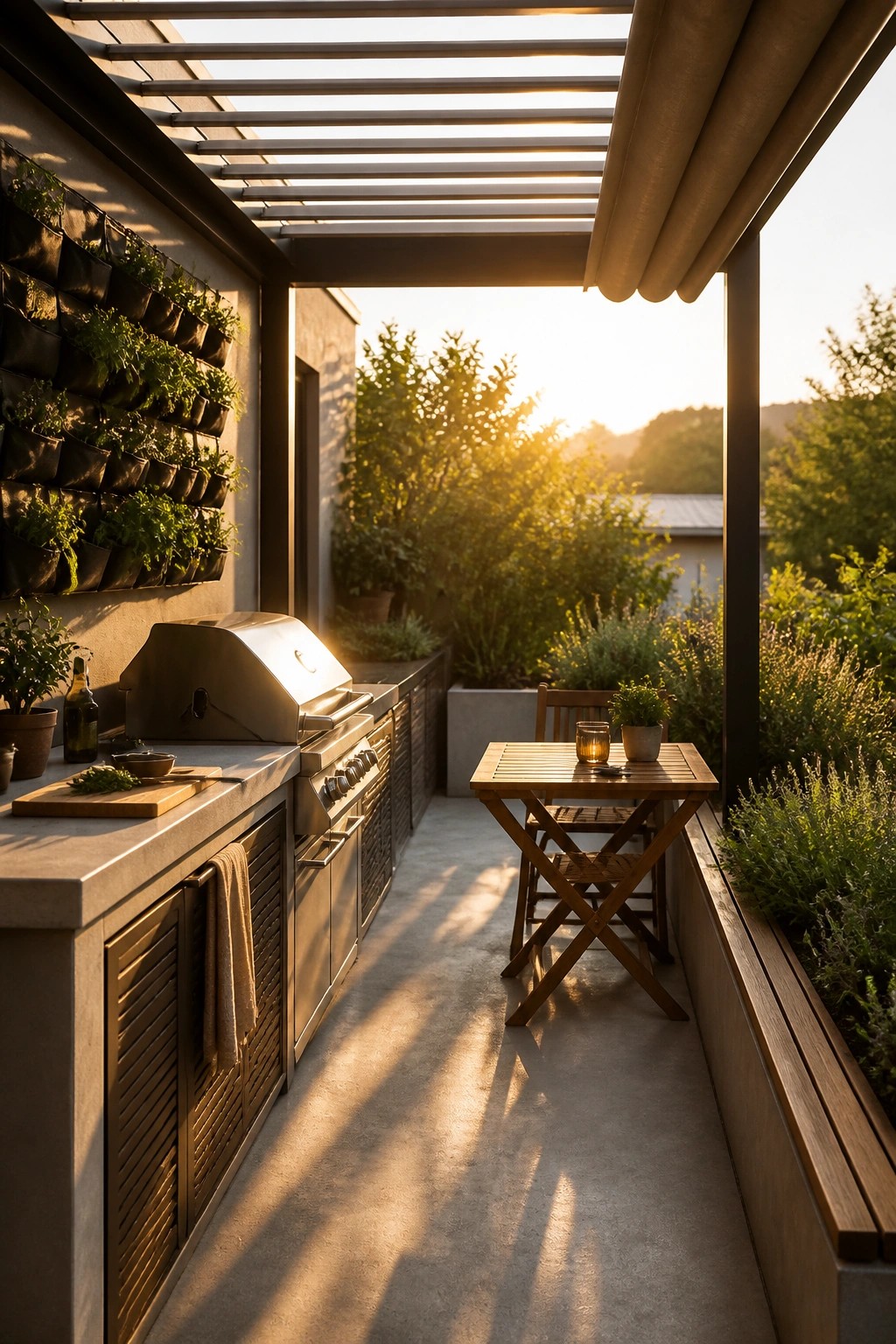 Modern outdoor kitchen with stainless grill, wooden table, vertical garden at sunset.