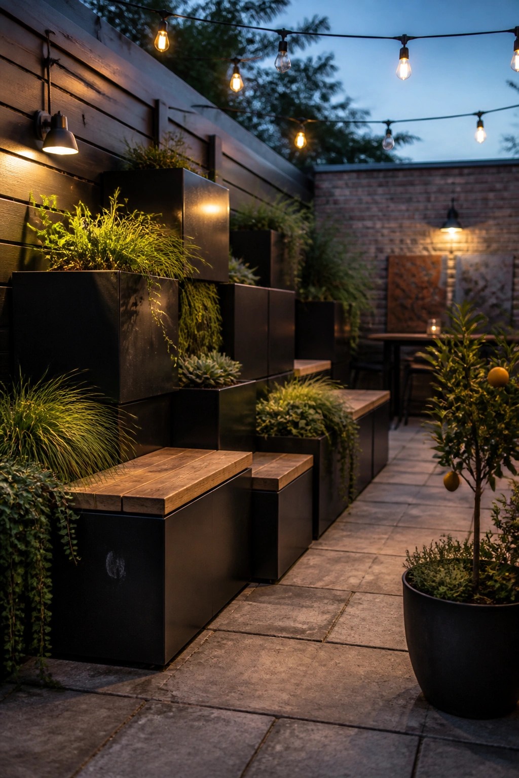 A narrow stone patio lined with black modular planters topped with wooden benches and filled with green plants, string lights overhead, and a potted citrus tree on the right.