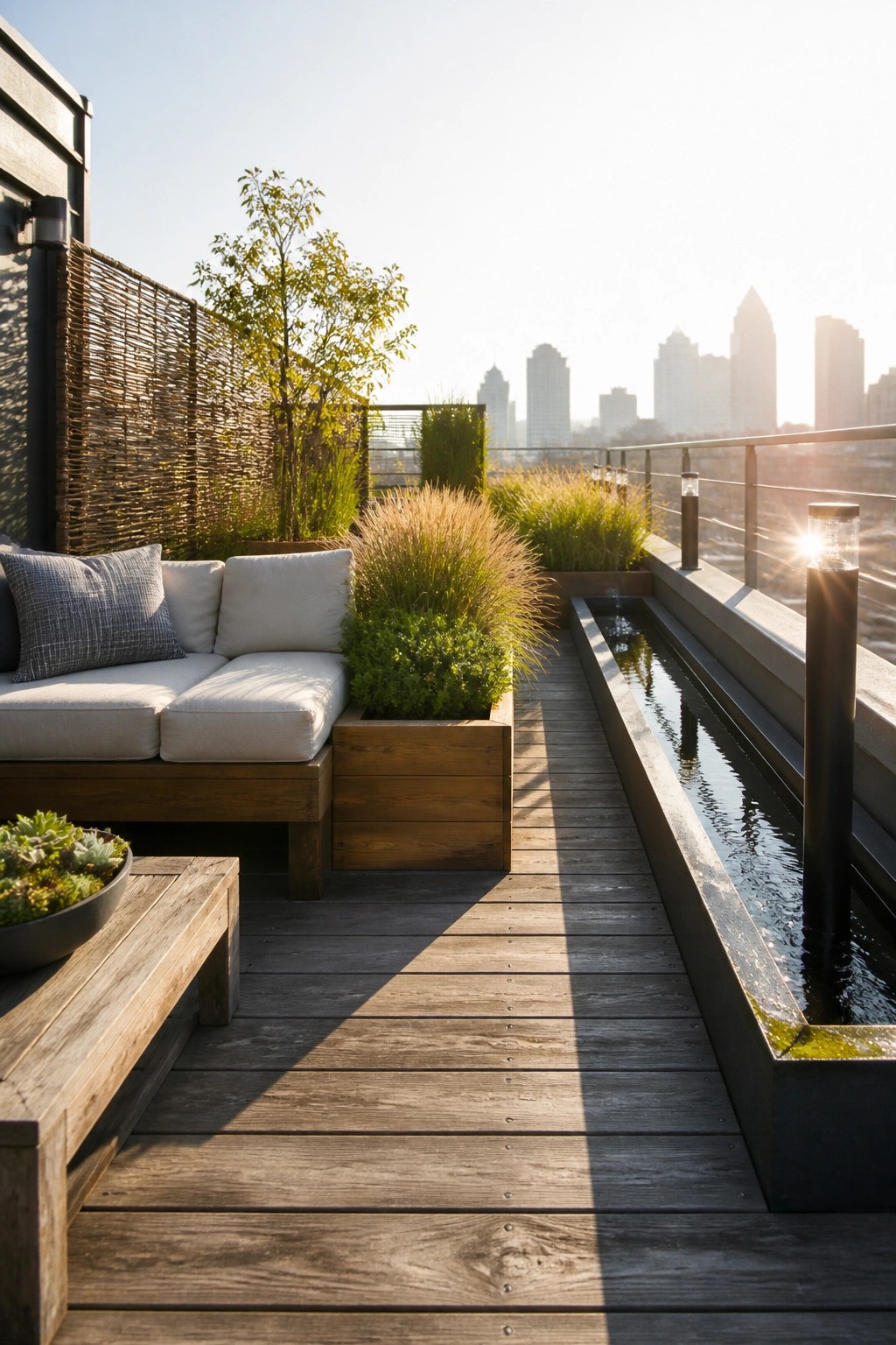 A wooden rooftop deck features a long narrow water channel along the right edge, built-in seating with cushions on the left, and several wooden planters holding grasses and shrubs against a city skyline.