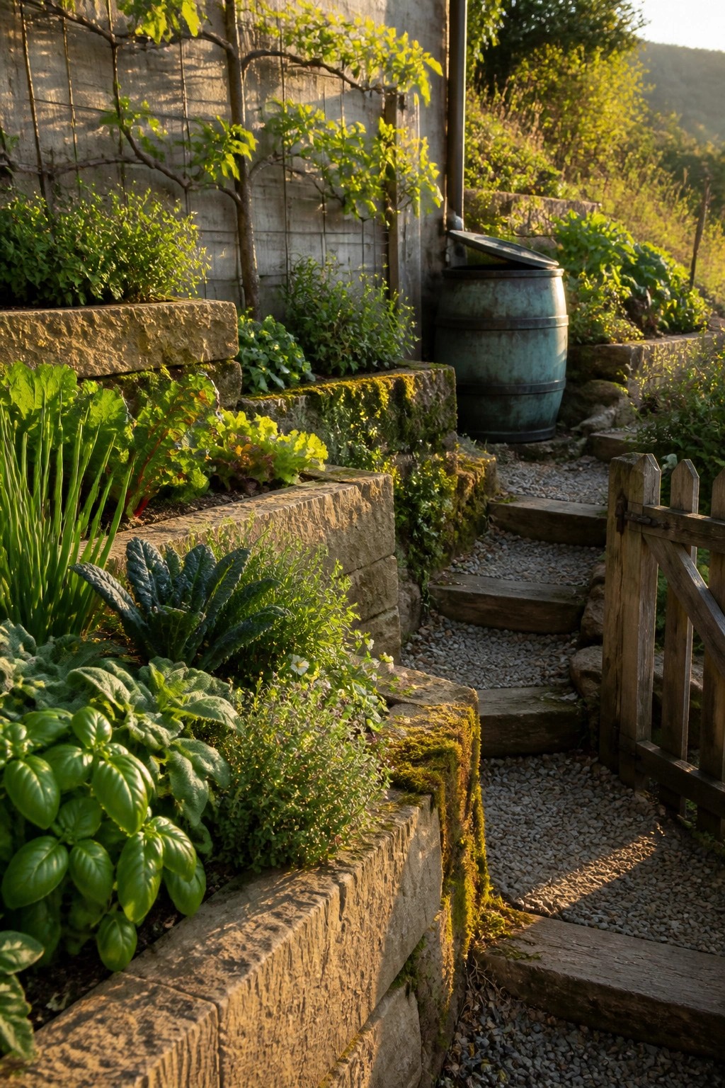 A gravel path with wooden steps runs beside multiple levels of stone retaining walls filled with leafy plants, with a wooden gate on the right.