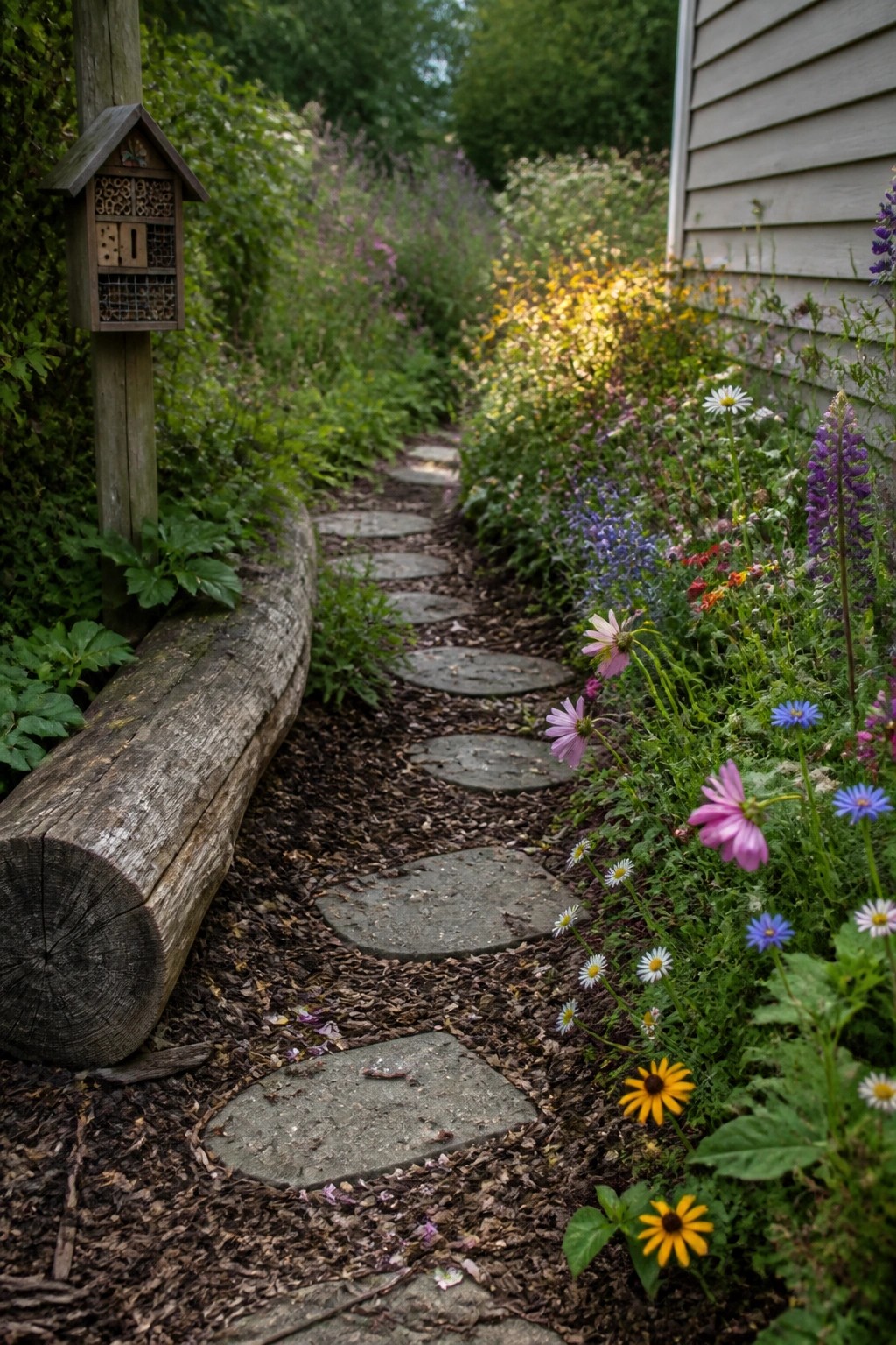 A narrow garden path of irregular concrete stepping stones runs beside a large wooden log border, with dense colorful flowers and a small wooden insect hotel on a post to the left.