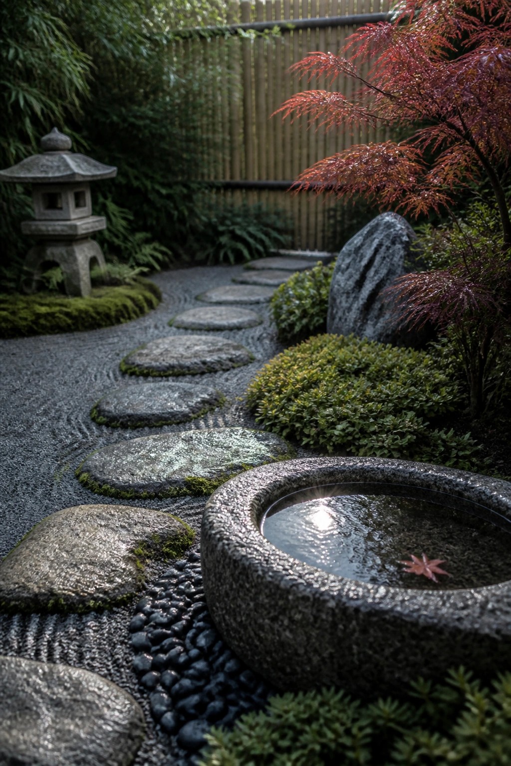 A Japanese-style garden path of irregular stepping stones winds through raked dark gravel past a stone lantern, a round stone water basin with a floating leaf, and red maple foliage beside a bamboo fence.