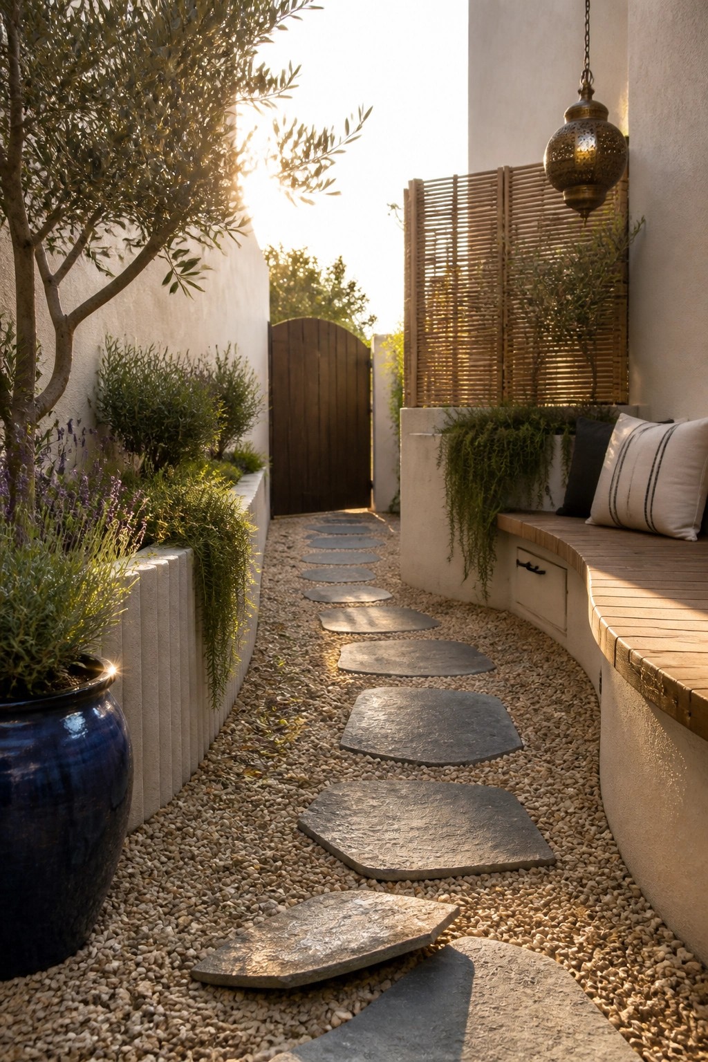 Sunlit garden path with stepping stones, plants, wooden bench and hanging lantern