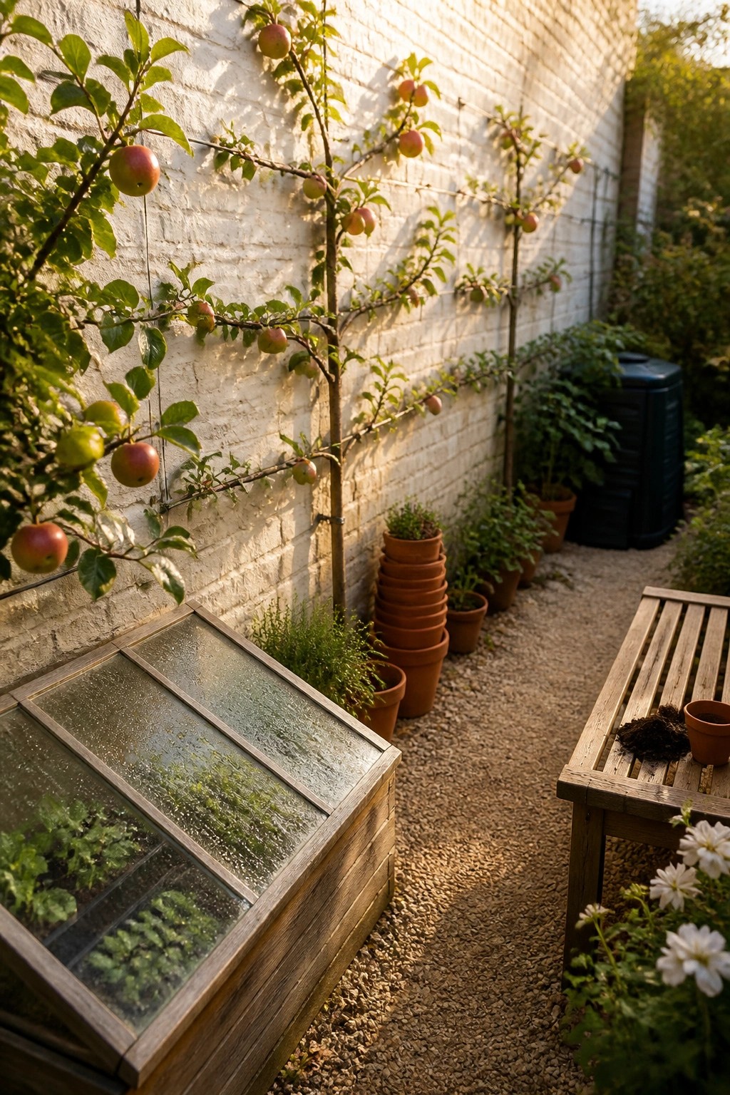 Espaliered apple trees on brick wall beside cold frame and wooden bench