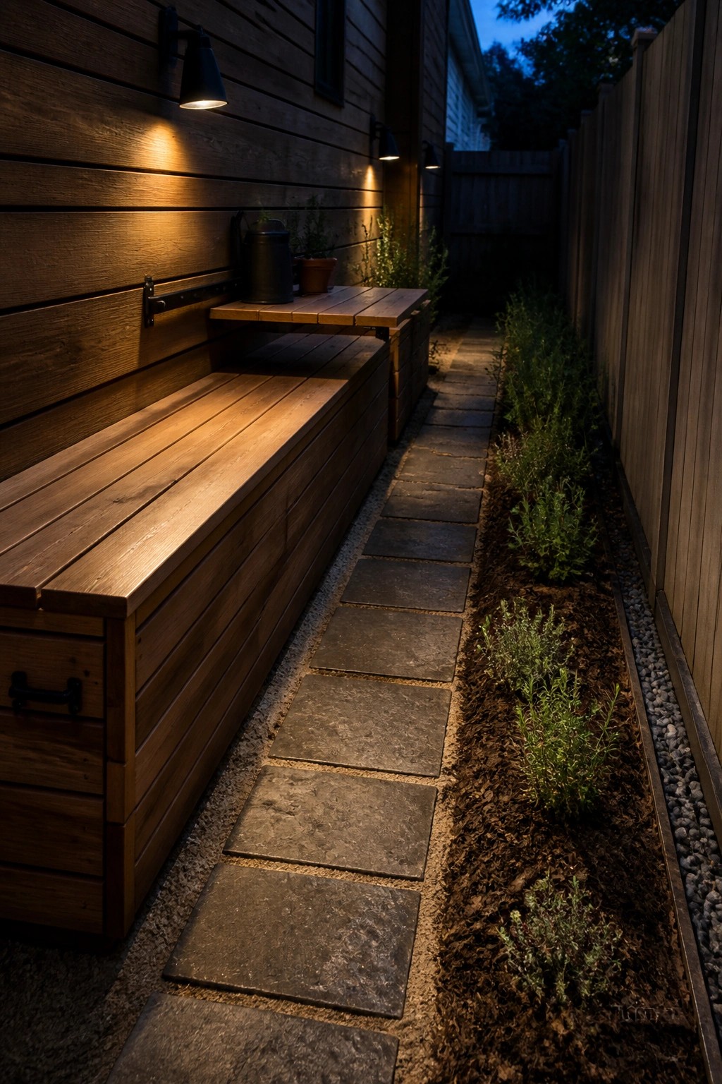 A long wooden storage bench with drawers sits against a dark wood wall next to a stone paver path and a narrow planted garden bed.