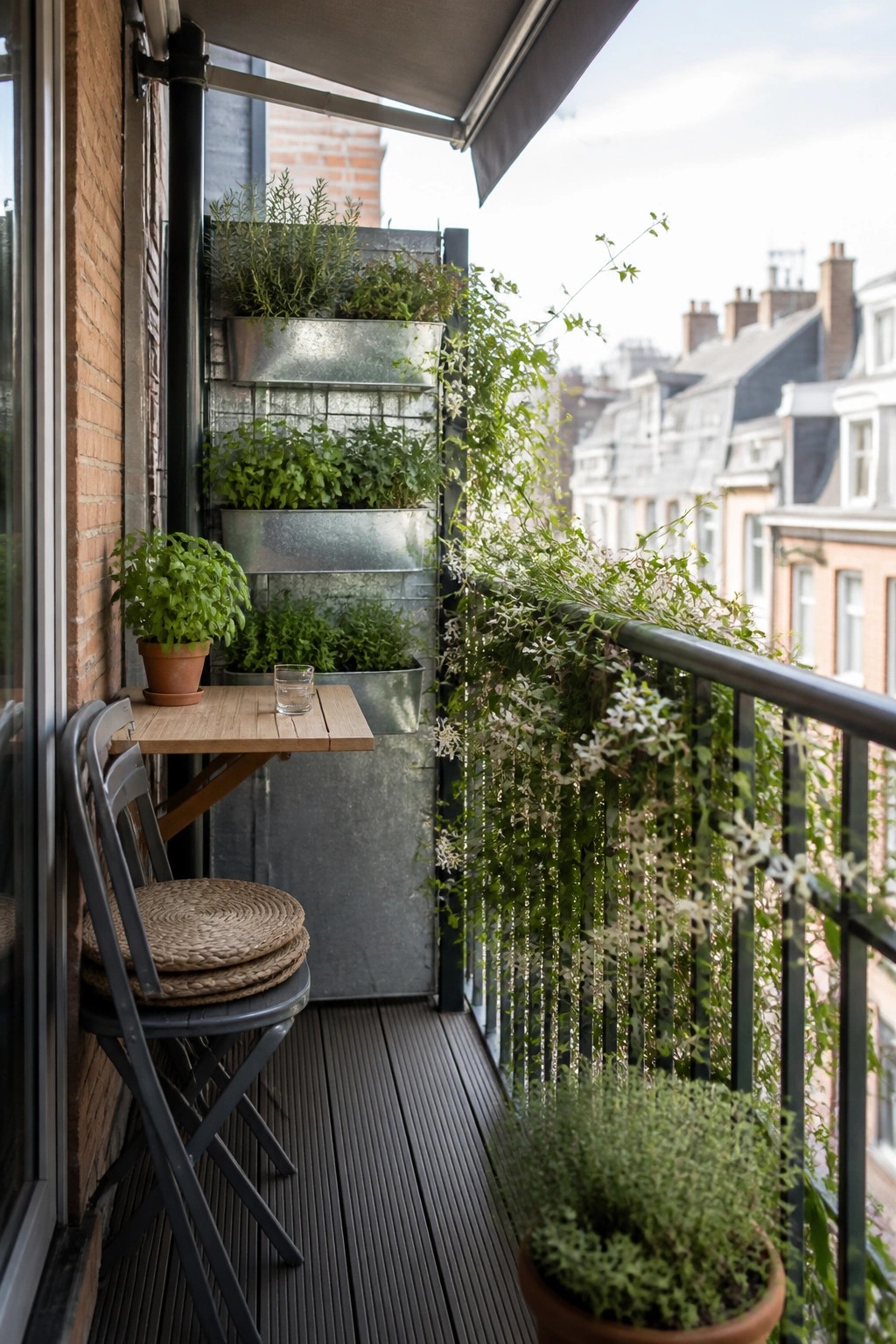 A narrow balcony with a fold-down wooden table, two folding chairs, and multiple metal wall-mounted planters holding green plants, next to a dark railing with trailing vines.