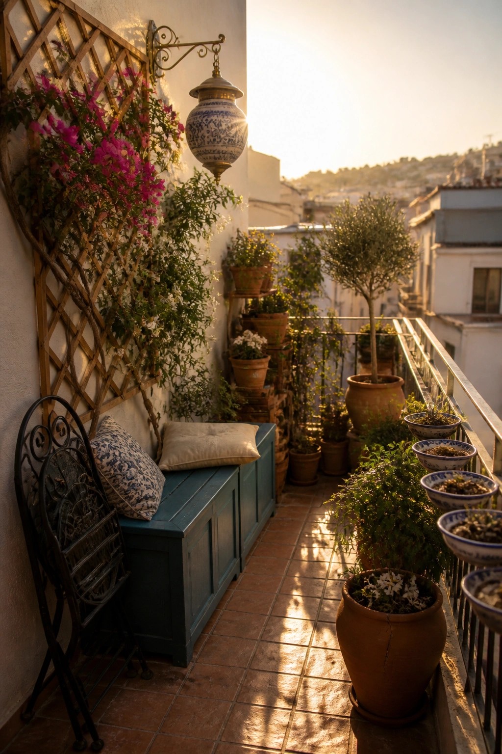 A narrow balcony with terracotta tiles shows a blue bench, a black metal chair, and a wooden lattice trellis covered in pink flowers against a white wall, with many potted plants arranged along the railing.