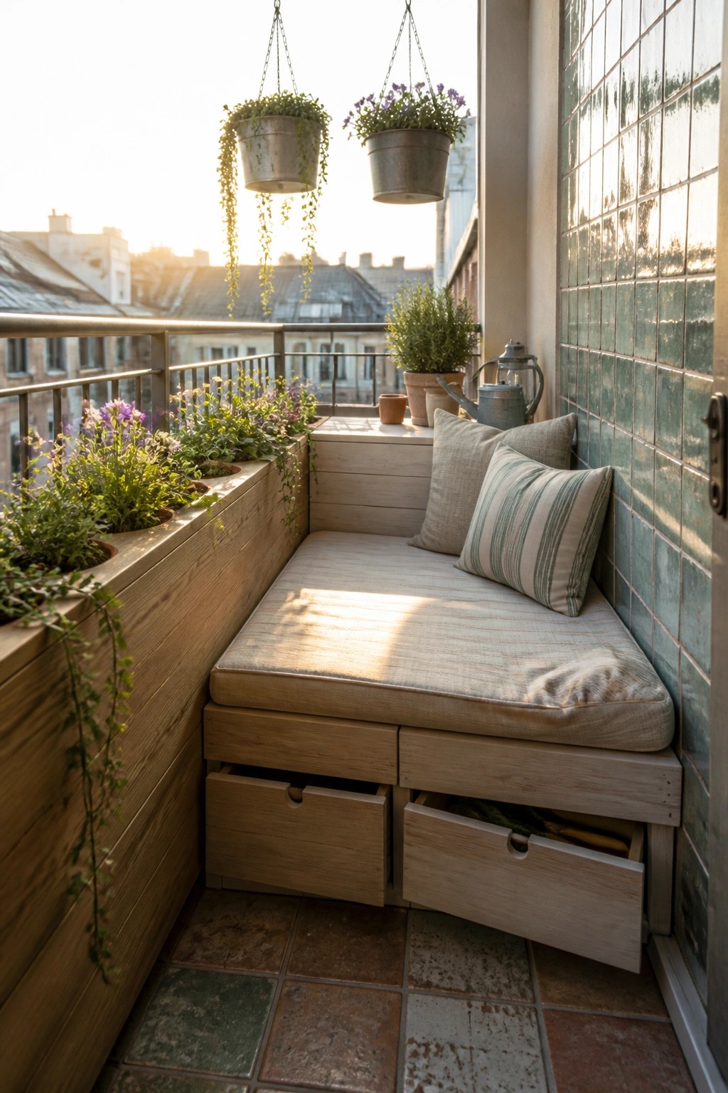 A wooden built-in bench with open storage drawers sits on a tiled balcony next to a long planter box filled with flowers and hanging metal pots above.