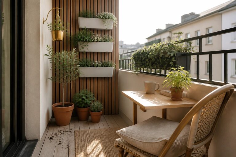 20 Clever Balcony Garden Layout Ideas for Narrow Walkways and Vertical Planting Cozy balcony with wooden table, wicker chair, potted plants, and city view