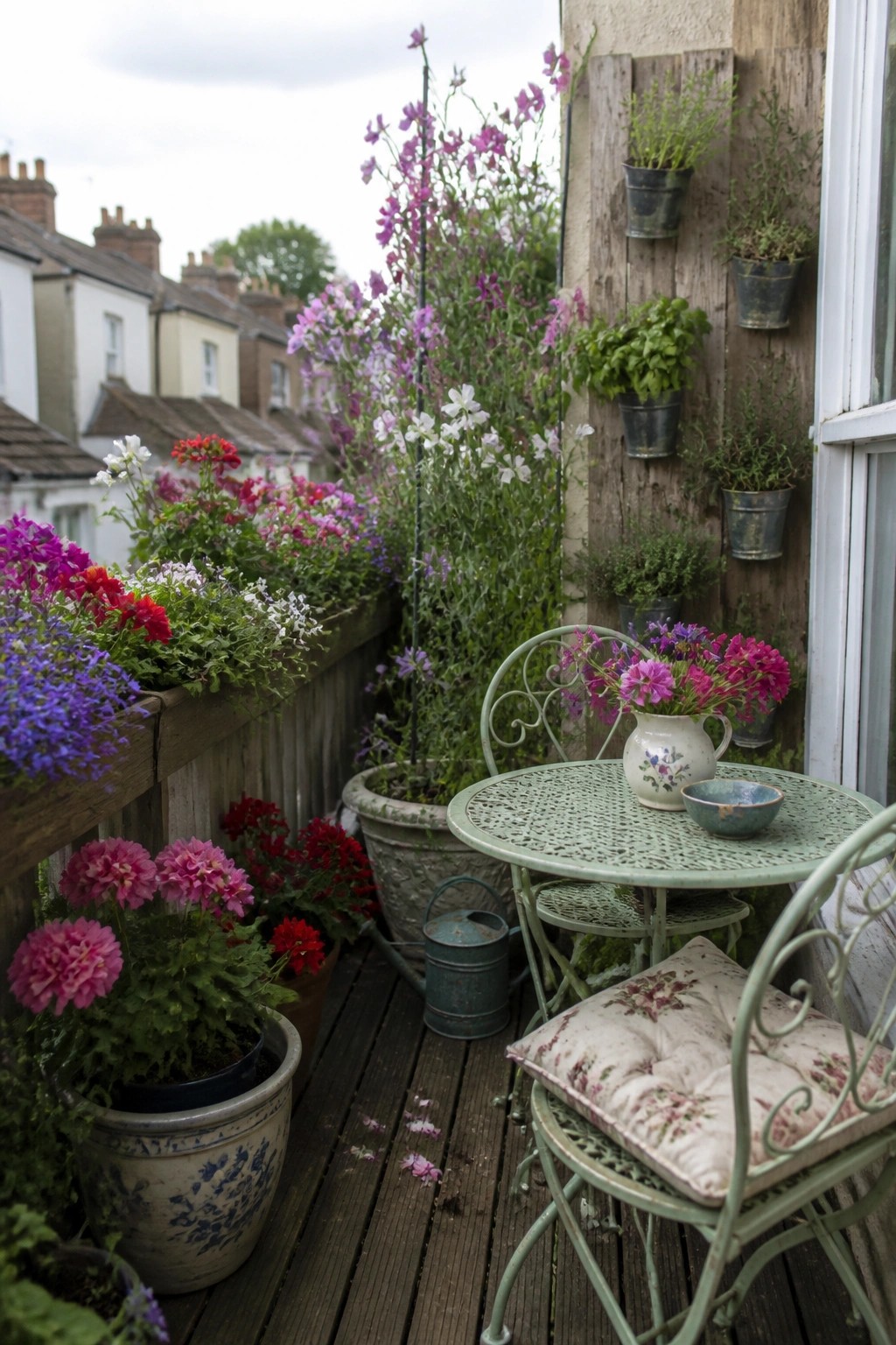 A narrow wooden balcony filled with colorful potted flowers, a small green metal table and chairs, and multiple buckets mounted on a vertical wooden wall.