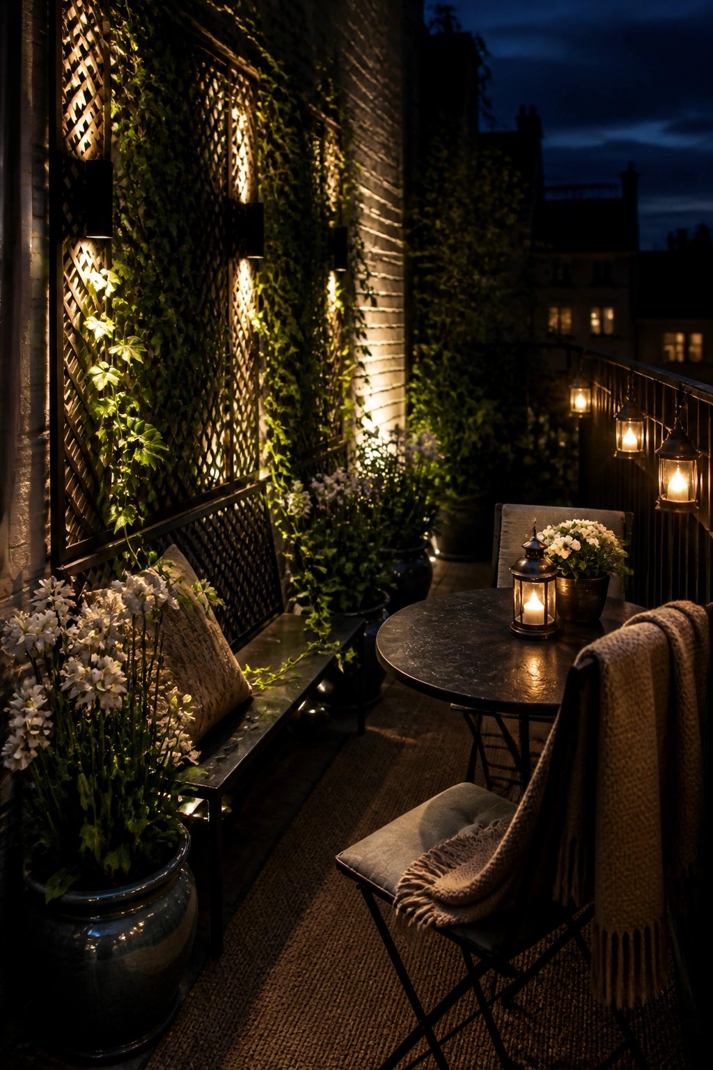 Cozy nighttime balcony with lantern-lit table, chairs, potted flowers, and vine wall.