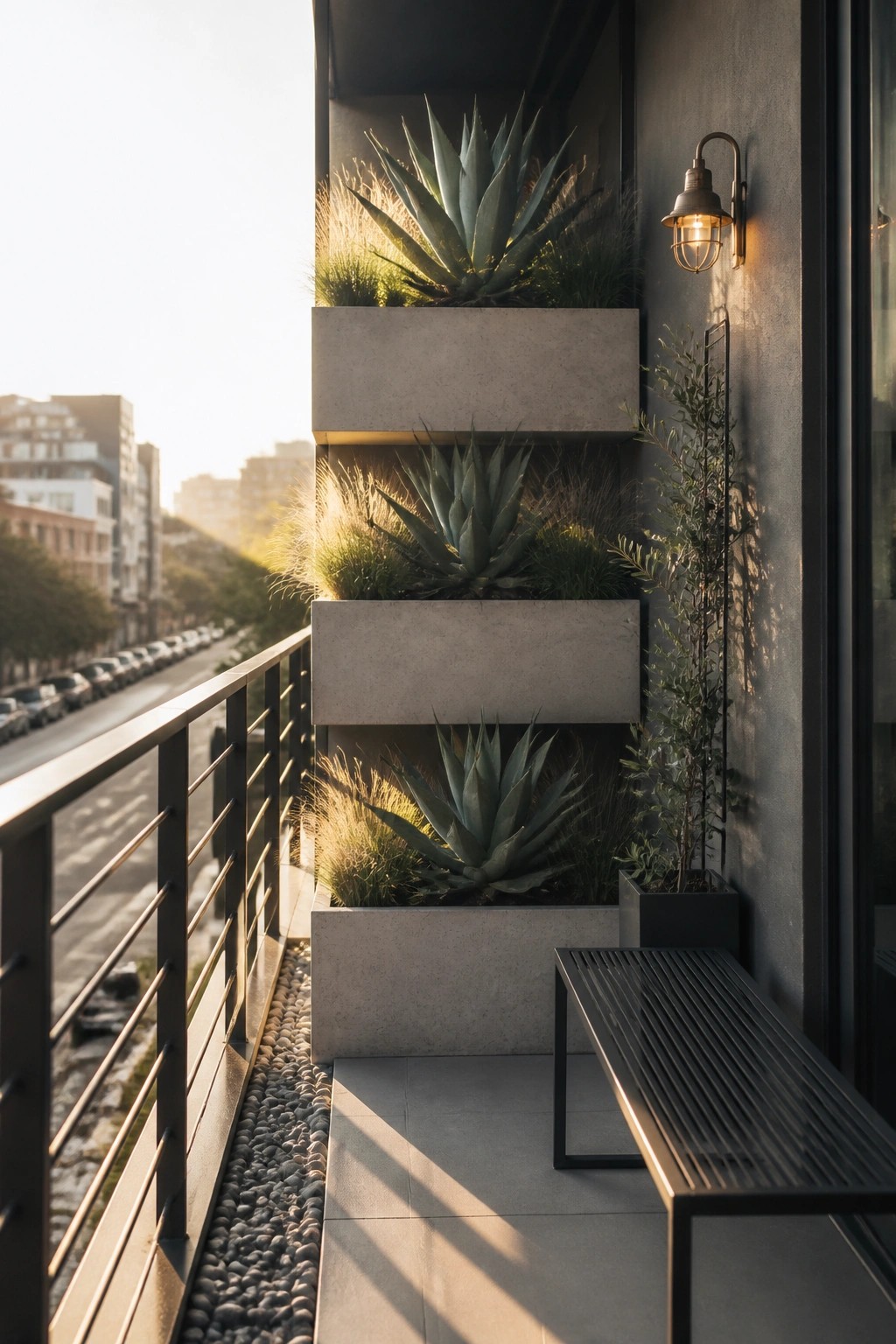 A narrow balcony with three stacked rectangular concrete planters holding agave and ornamental grasses, a black metal bench, and a wall sconce beside a city view.
