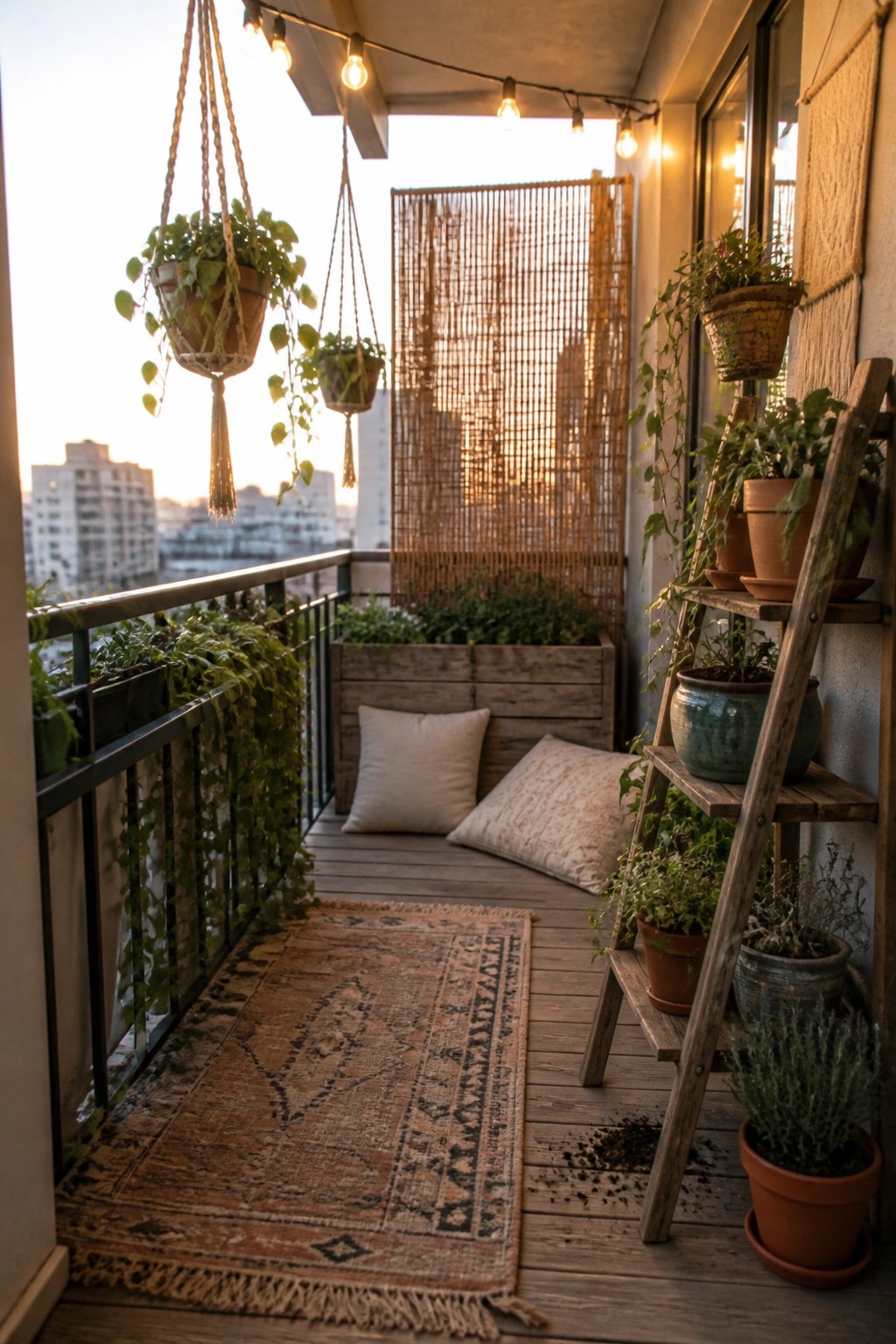 Cozy balcony with hanging plants, string lights, patterned rug, pillows, and ladder shelves at sunset.
