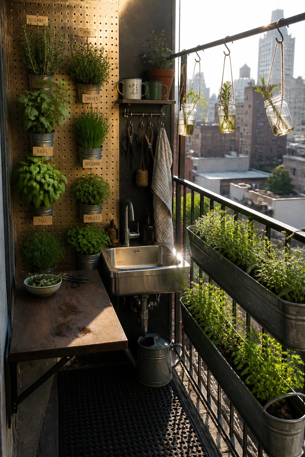 Rustic balcony herb garden with labeled pegboard pots, sink, hanging jars, and city view.