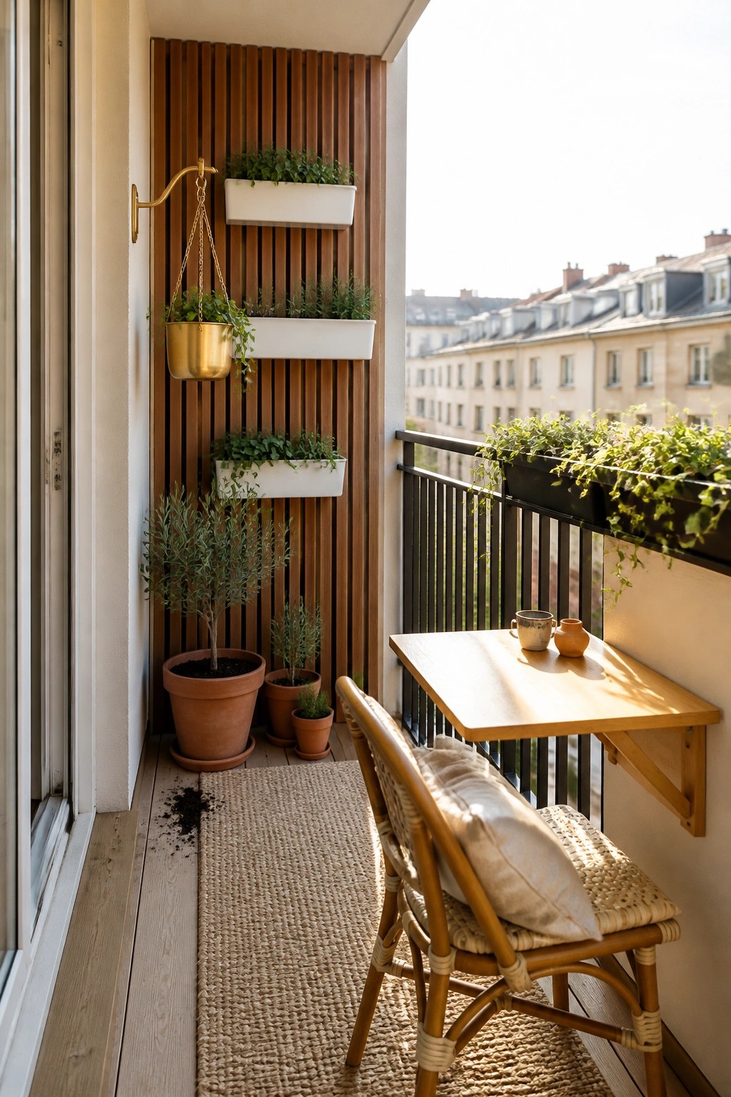 Cozy balcony with wooden table, wicker chair, potted plants, and city view