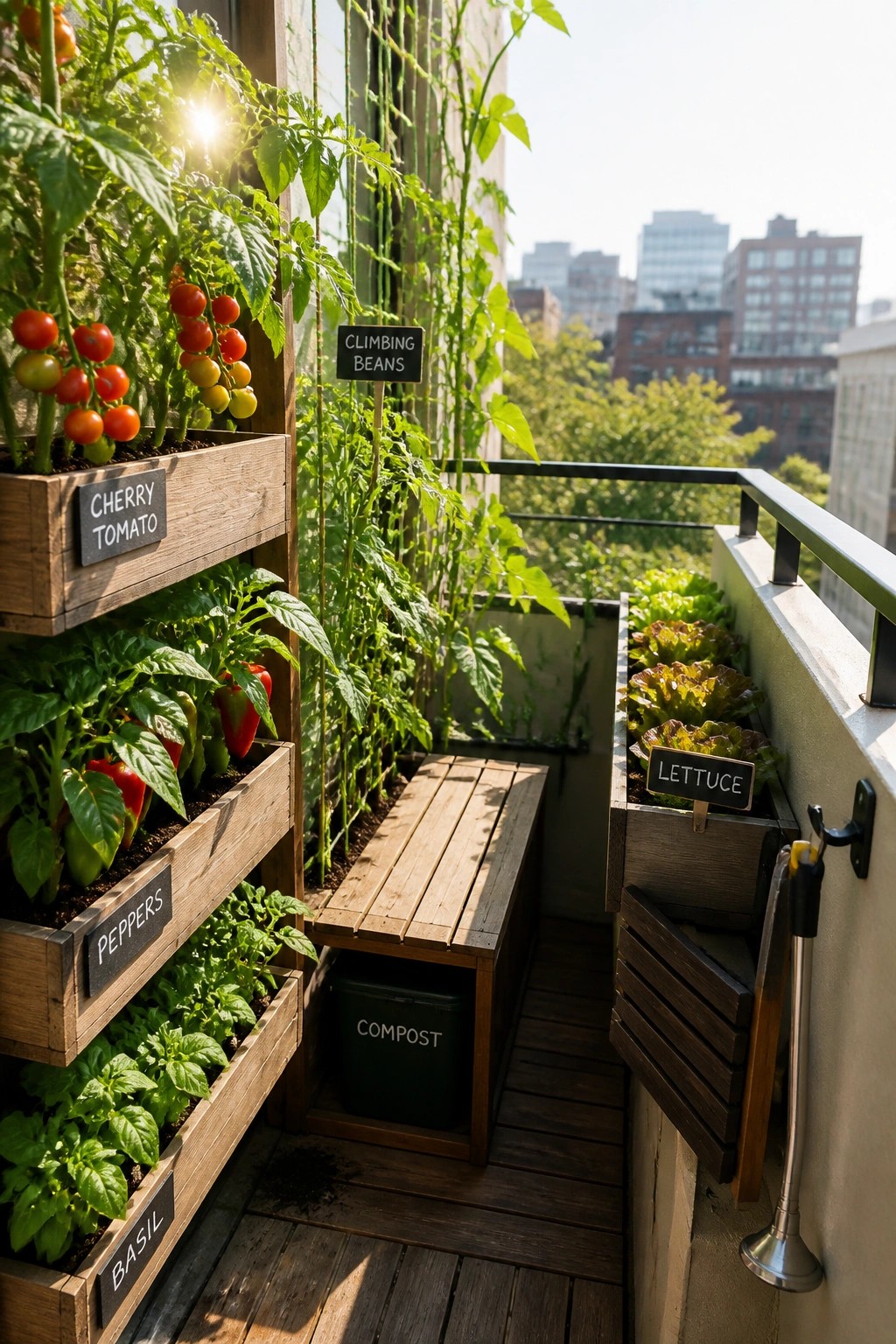 Balcony garden with tiered wooden planters of tomatoes, peppers, basil, and lettuce.