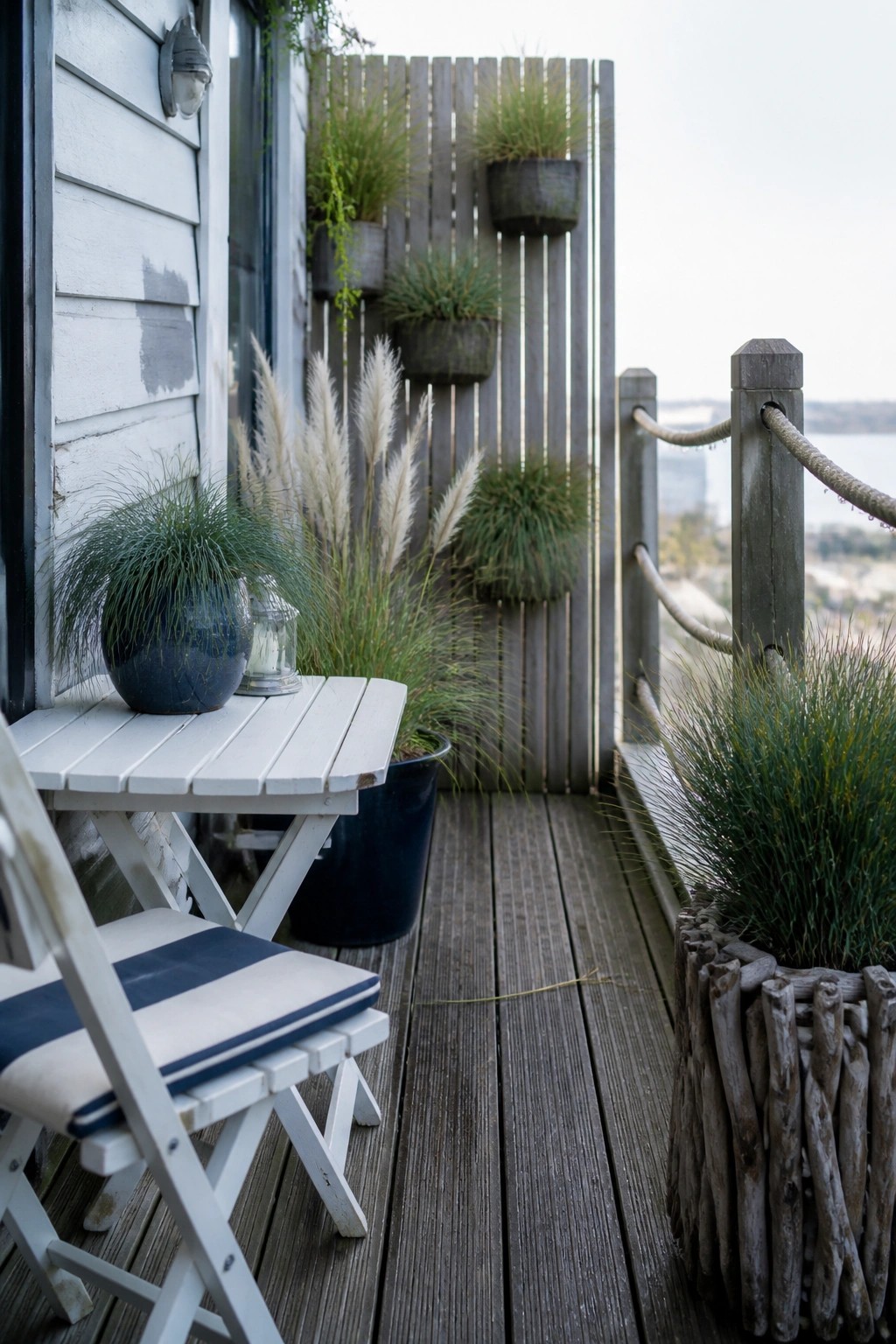 A narrow wooden balcony with a white folding table and chair, several potted plants on the floor, and multiple dark planters mounted at different heights on a gray wooden fence.