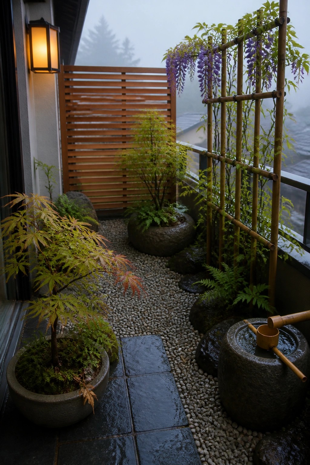 A narrow balcony garden features a gravel path lined with potted maples and ferns, a bamboo trellis covered in purple wisteria, and a stone water basin at the end.
