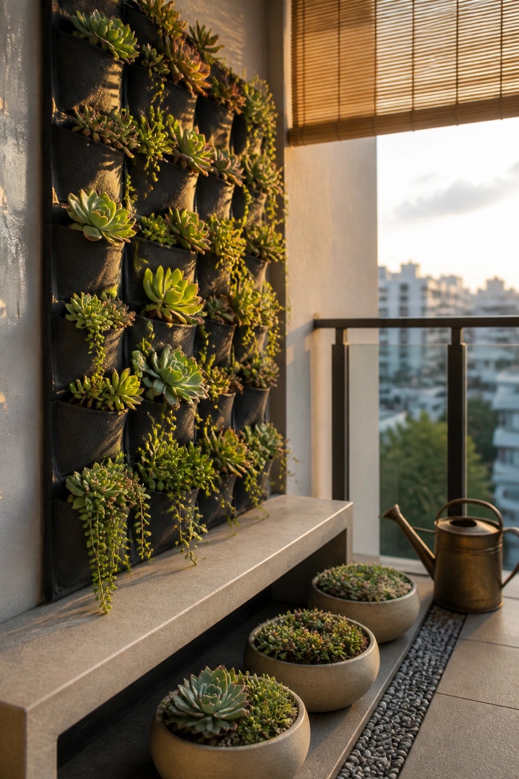 A balcony wall covered in black fabric pocket planters filled with succulents, with several round pots on the concrete ledge and a watering can nearby.