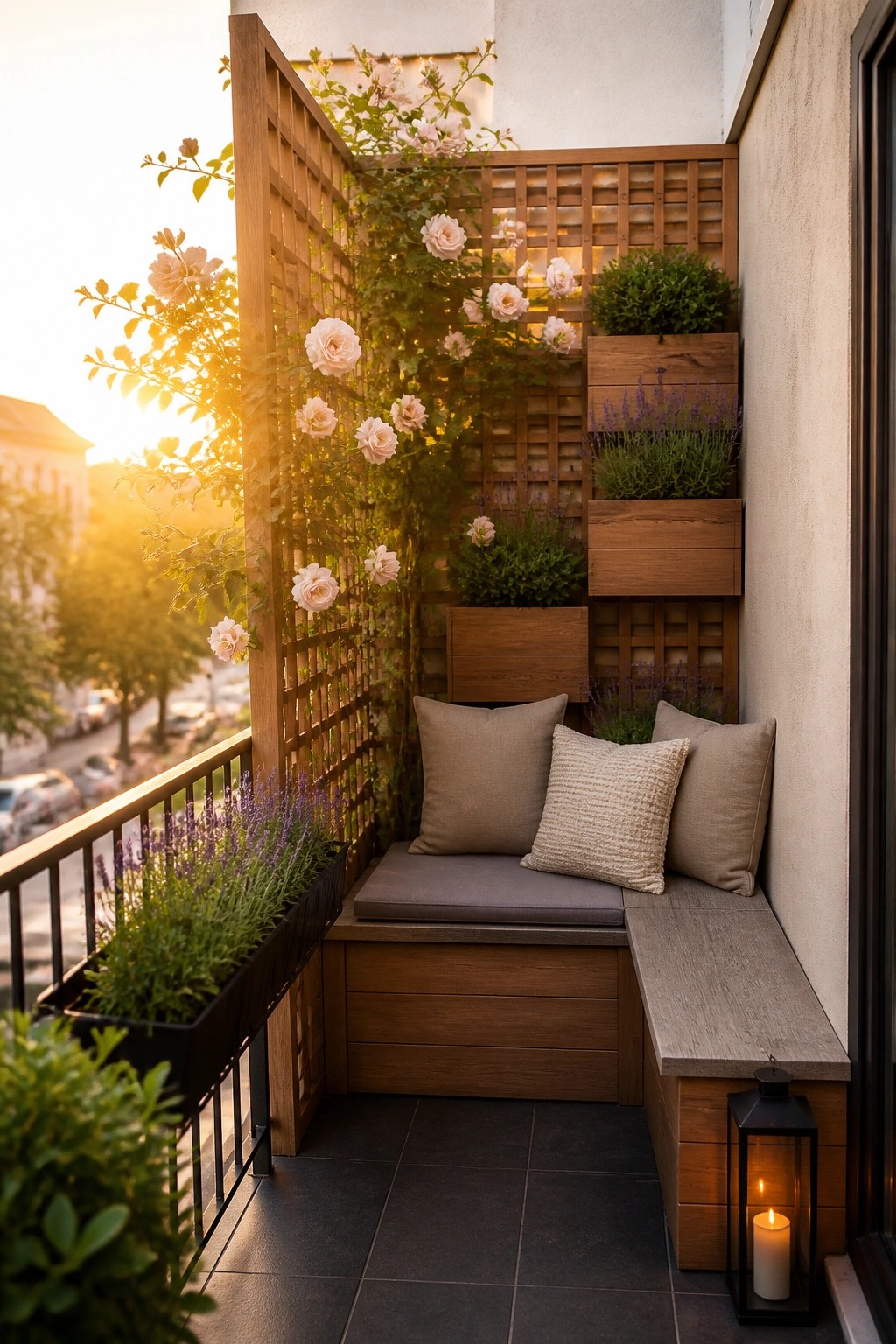 Cozy wooden balcony with rose-covered trellis, cushioned bench, and glowing lantern at sunset.