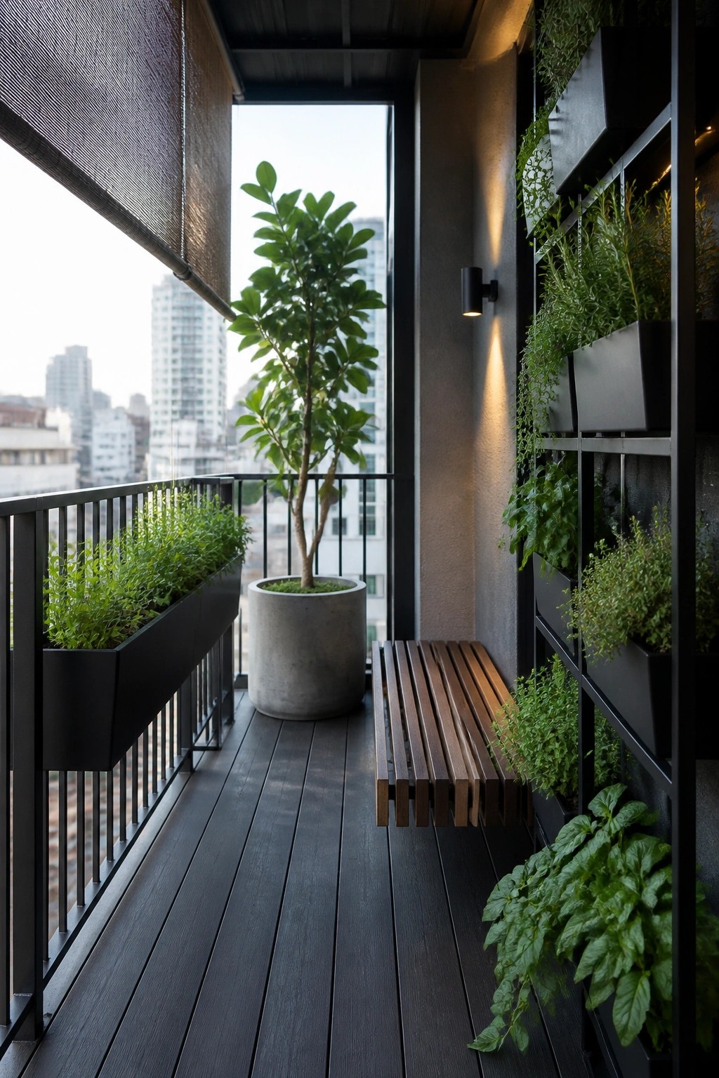 A narrow balcony with dark wood flooring features a wooden bench, a large concrete pot with a tree, and multiple black planters mounted vertically on the right wall along with railing planters on the left.