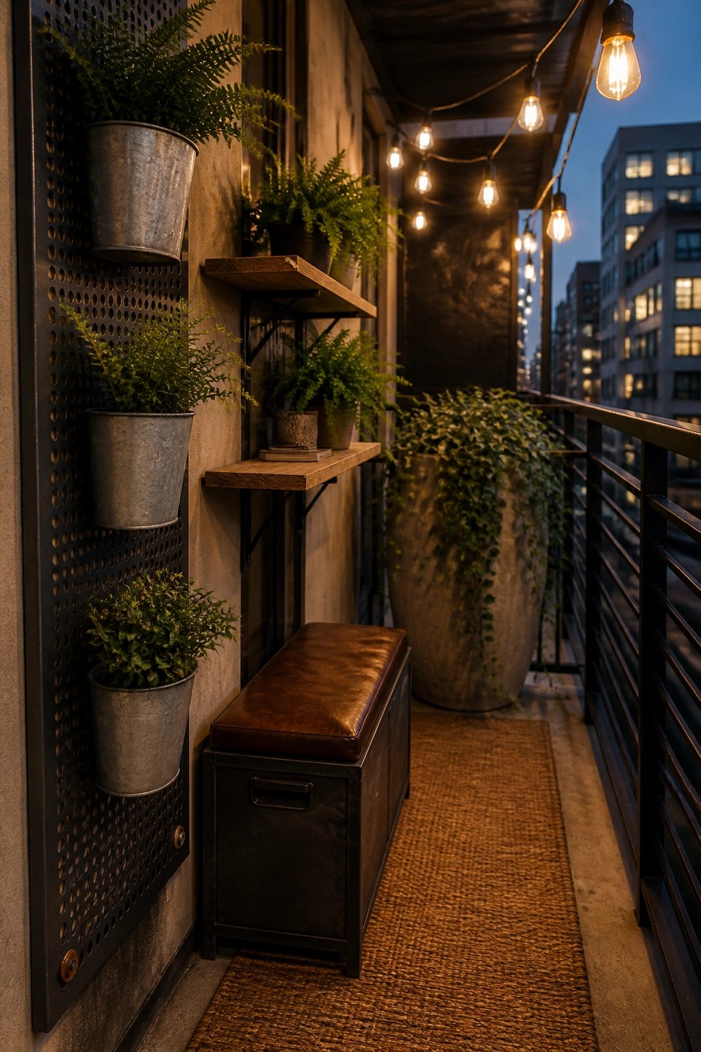 Narrow balcony with multiple plants growing in galvanized metal buckets attached to a perforated wall panel, a brown leather storage bench, and string lights overhead.