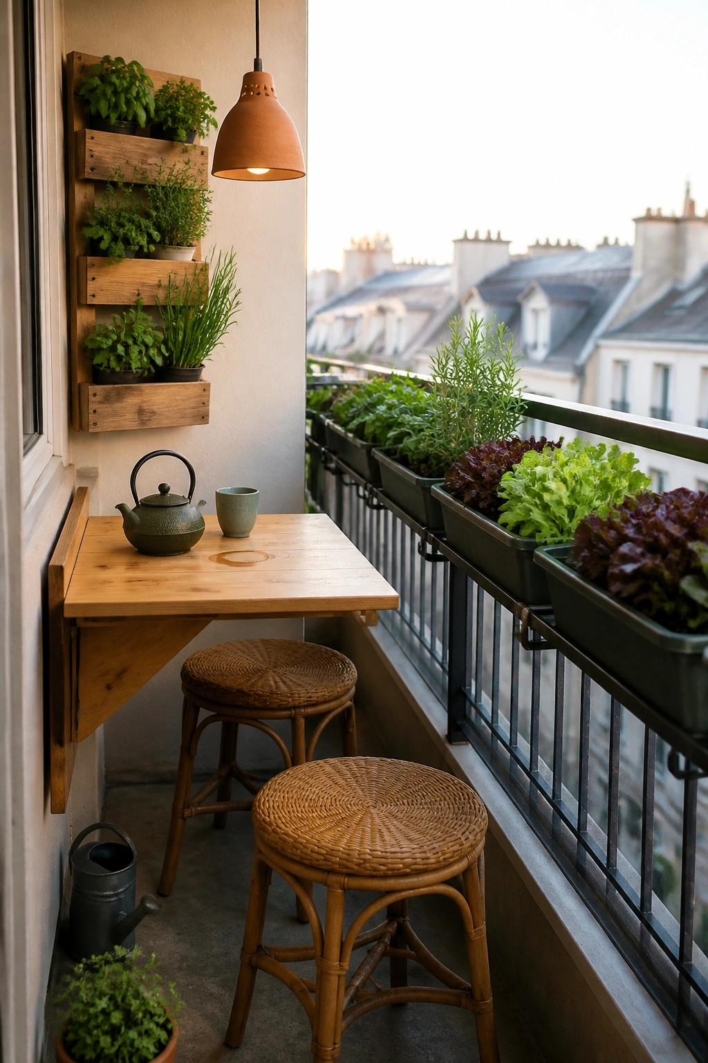 A narrow balcony features a fold-down wooden table with two rattan stools, a hanging terracotta pendant light, and multiple wooden wall-mounted planters filled with herbs alongside railing planters containing leafy greens.