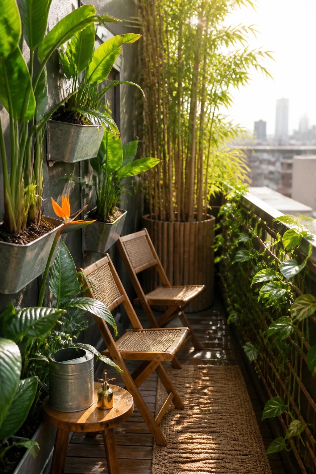 A narrow balcony with wooden folding chairs on a woven runner, metal wall-mounted planters holding leafy plants and an orange flower, a large bamboo pot, and a city view in the background.
