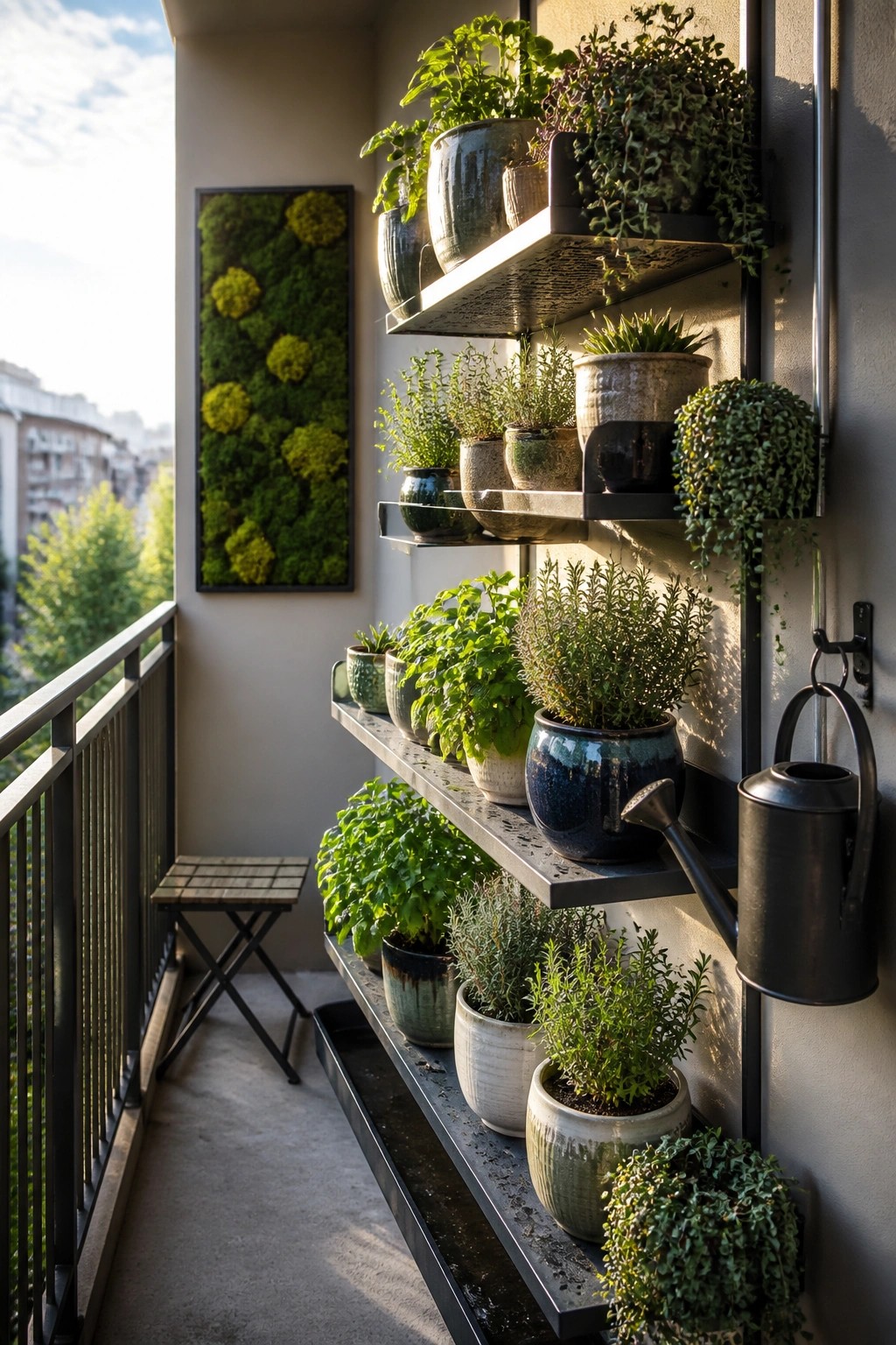 Sunlit balcony with tiered shelves of potted plants, herbs, and watering can.