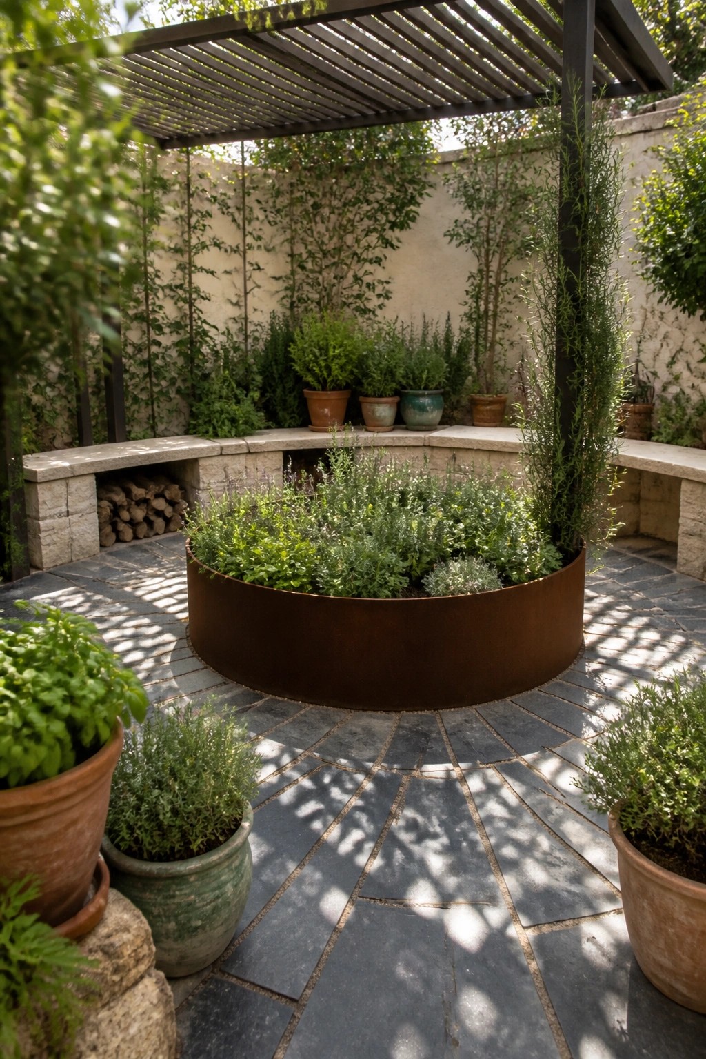 A circular rusted metal raised garden bed sits in the center of a stone-paved courtyard surrounded by potted plants, a built-in stone bench with storage, and a pergola overhead.