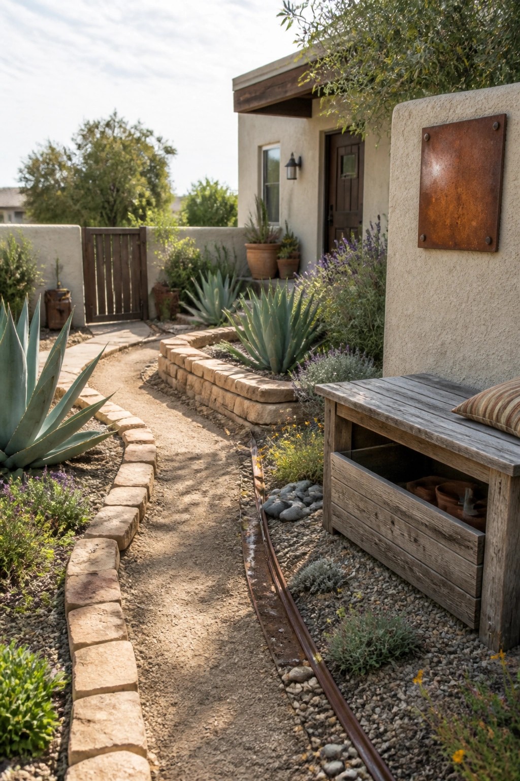 A winding garden path with stone edging, a narrow metal rill in the gravel, and raised beds planted with succulents and lavender.