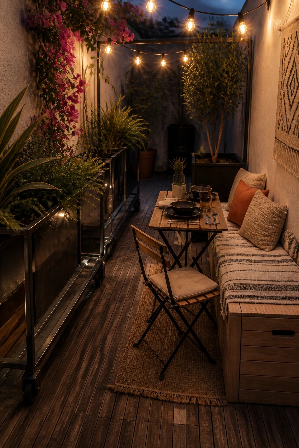 A narrow wooden deck patio at dusk with a small dining table, folding chair, storage bench with cushions, potted plants along the walls, and string lights overhead.