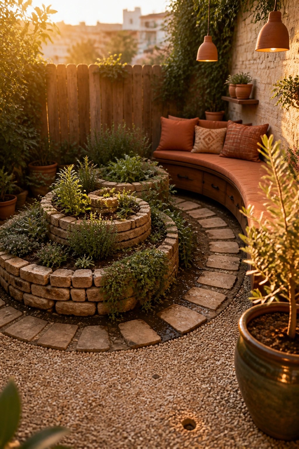 A small garden with a circular brick raised bed, gravel path with paver stones, and a curved wooden bench with under-seat storage against a brick wall.