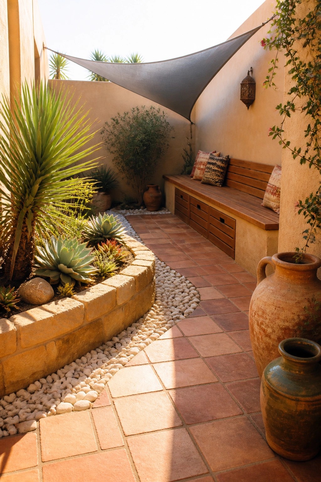 A narrow courtyard garden with terracotta tile walkway, wooden bench with under-seat storage drawers, raised brick planting bed, and large clay pots.