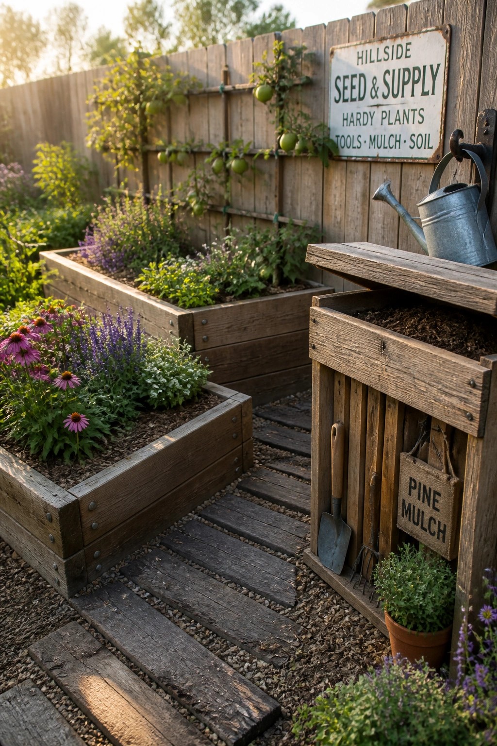 Rustic wooden raised beds with flowers beside a pine mulch bin and tools