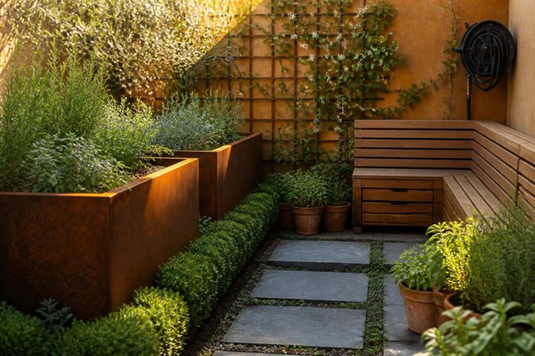 Narrow stone path lined with raised planters and potted herbs leading to wooden bench.