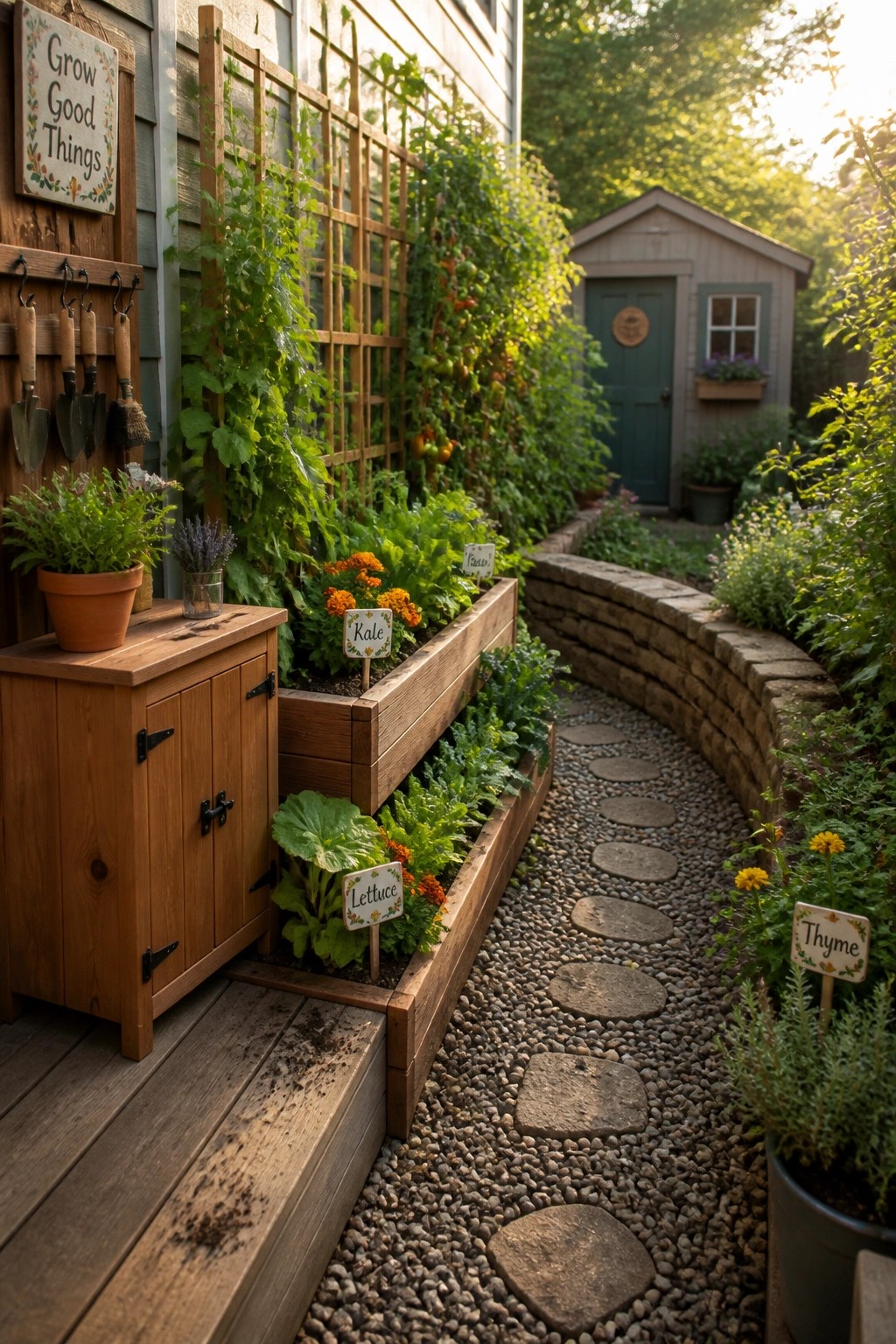 A narrow garden path made of gravel and round stepping stones runs between raised wooden beds with vegetable plants and a wooden storage cabinet on the left.