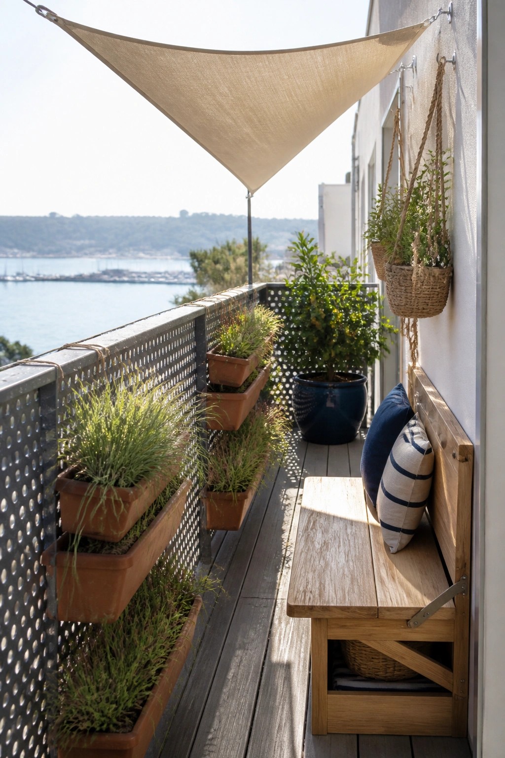 Sunny balcony with wooden bench, cushions, potted plants, hanging baskets, and sea view.