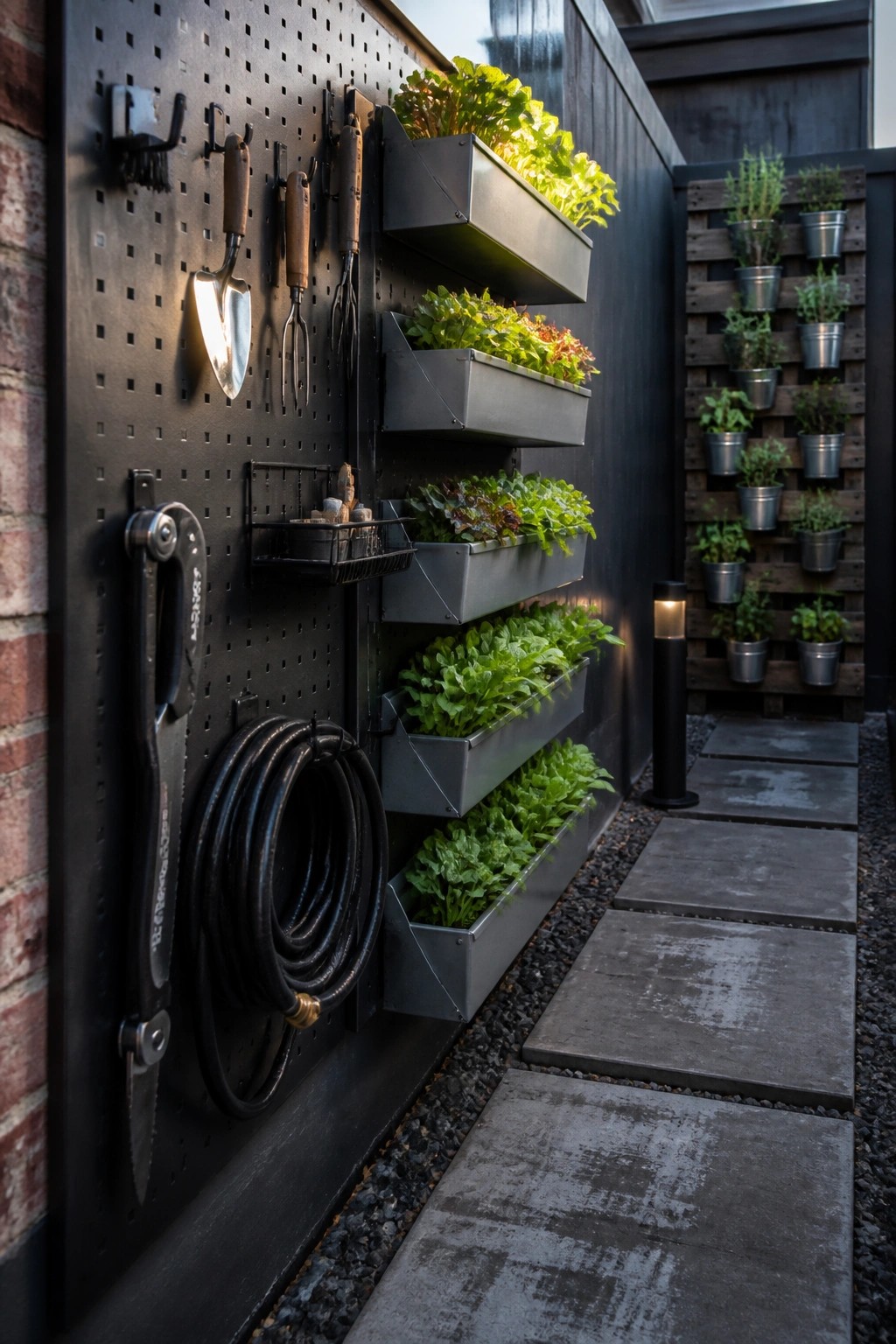 A black pegboard wall holds hanging garden tools, a coiled hose, and stacked metal planters with green plants beside a stone pathway.