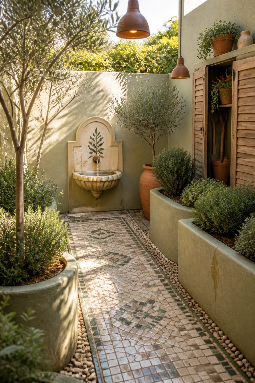 A narrow mosaic pathway with green and beige patterns runs between raised concrete planters and a wall fountain in a compact garden space.