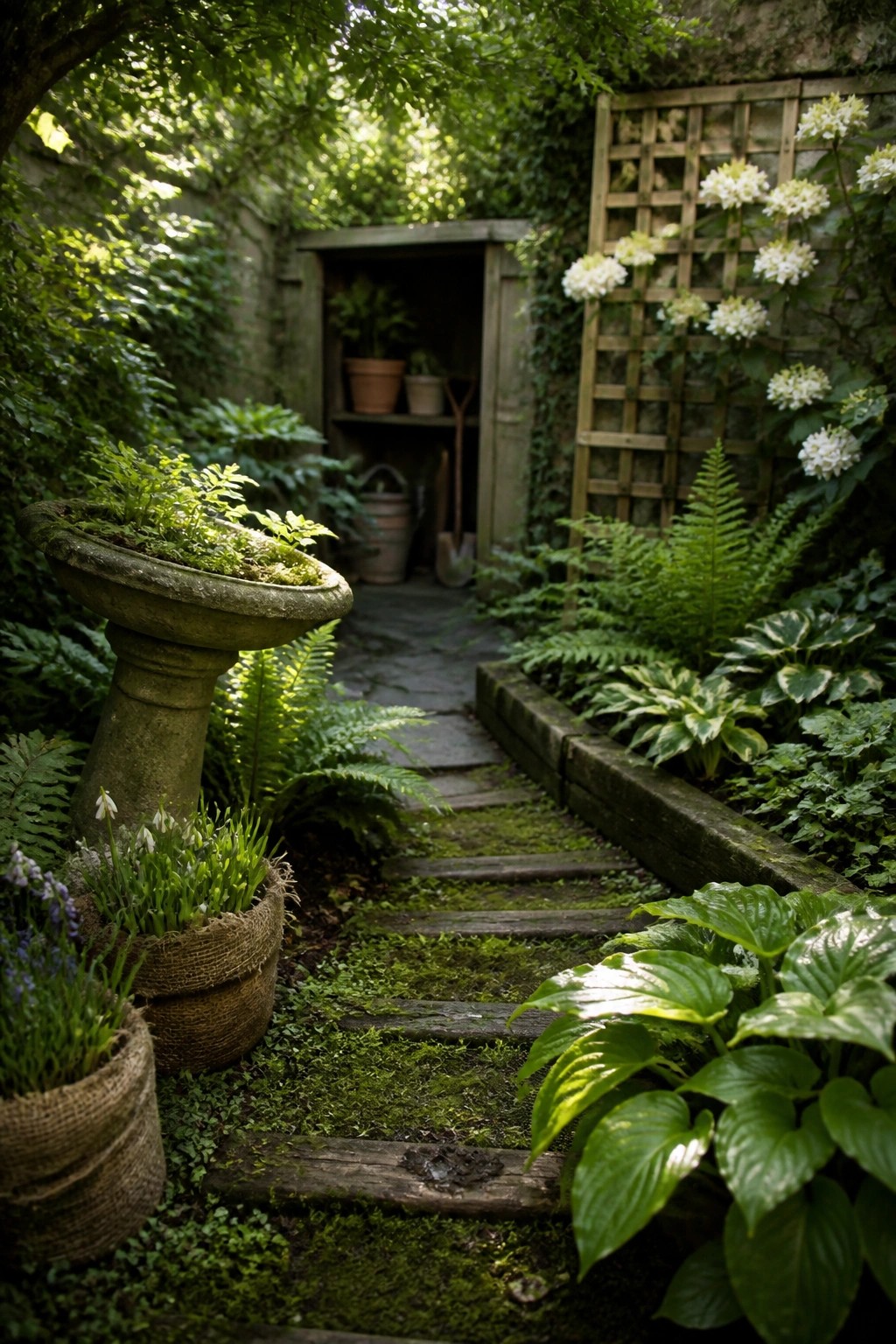 A narrow garden path of weathered wooden planks runs through dense ferns and hostas toward a small open shed, with a stone birdbath and burlap-wrapped pots along the edges.