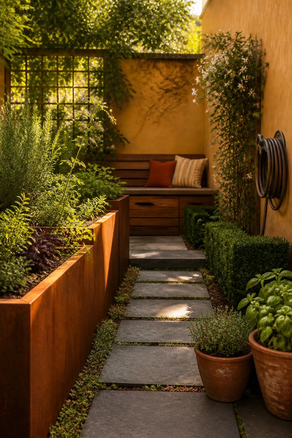 Narrow stone path lined with raised planters and potted herbs leading to wooden bench.