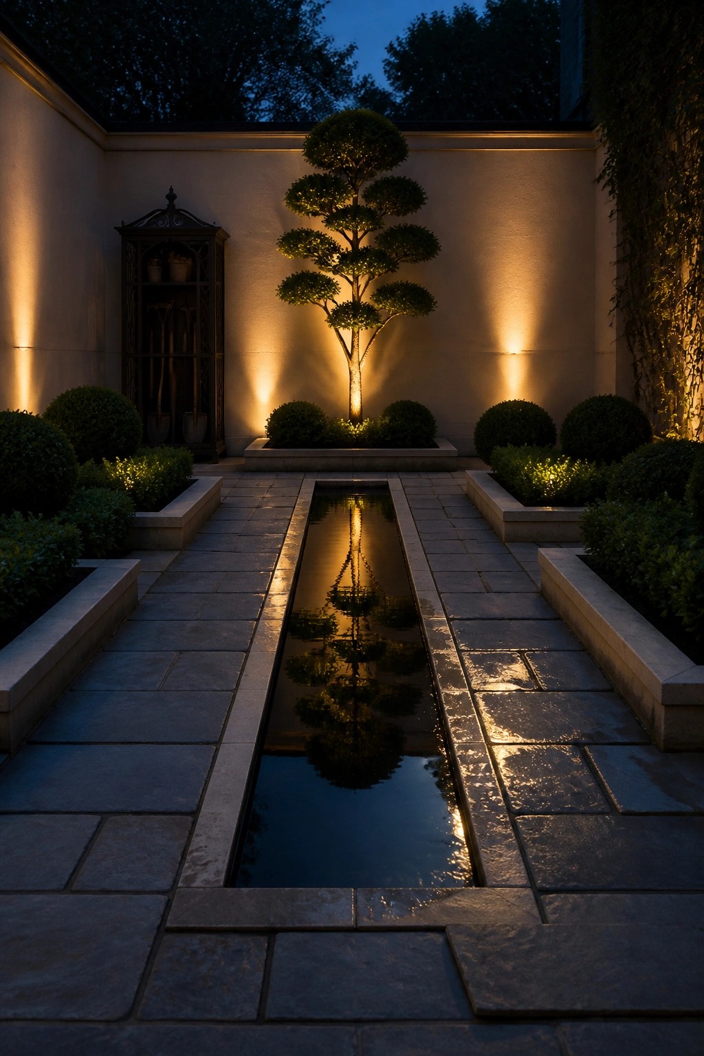 Nighttime garden with long reflecting pool, illuminated topiary tree, and stone paths.
