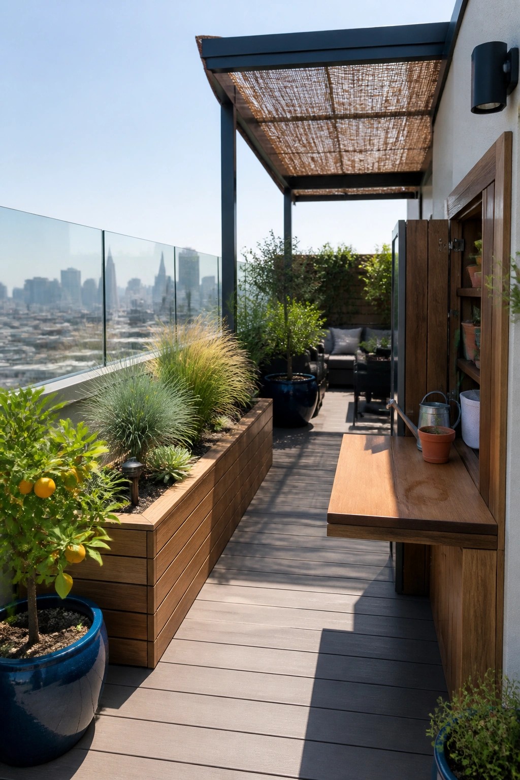 A narrow rooftop deck features raised wooden planters on the left, a built-in wooden storage cabinet with open shelves on the right, and a fold-down wooden table extending from the cabinet.
