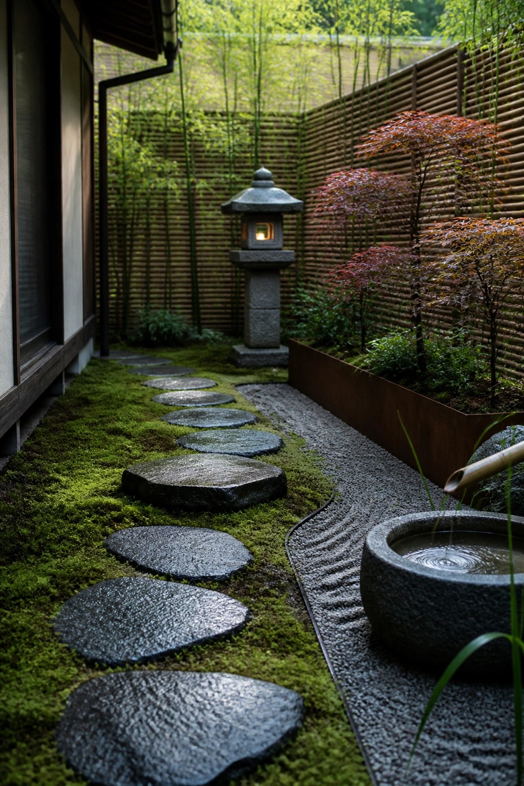 A narrow garden path made of irregular dark stepping stones set into bright green moss, with a stone lantern, bamboo fence, and a stone water basin visible along the route.