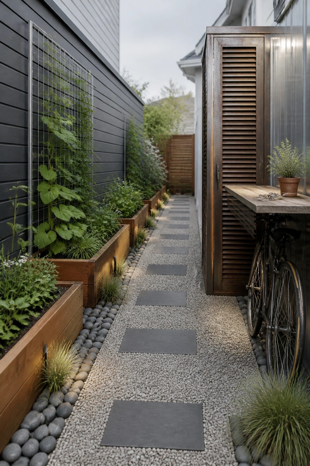 A narrow gravel path lined with rectangular stepping stones runs between wooden raised planter beds with climbing plants and a tall metal storage cabinet next to a house.