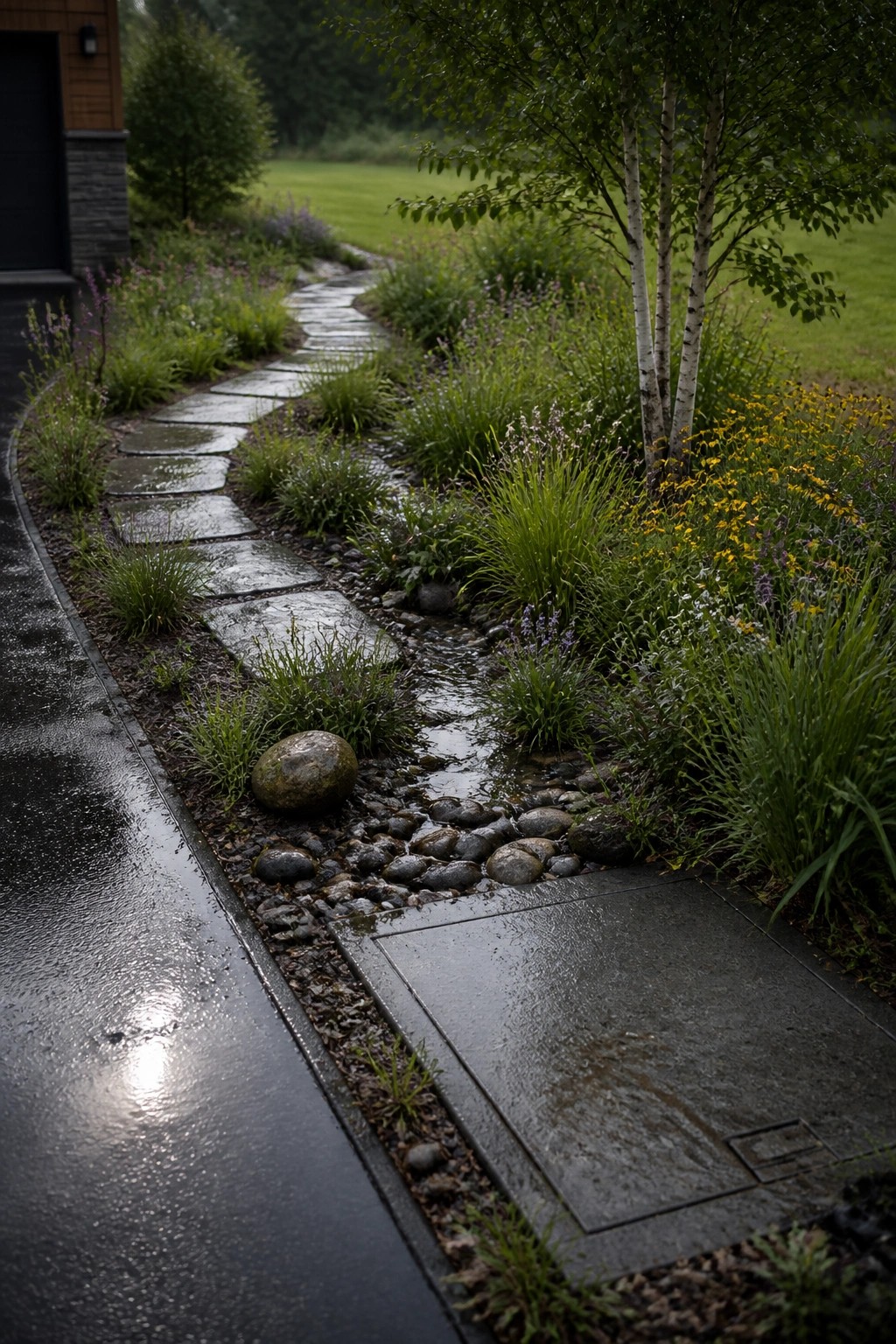 A wet garden path of large stone pavers curves beside a house, with a narrow channel of water running over pebbles and bordered by green plants and flowers.