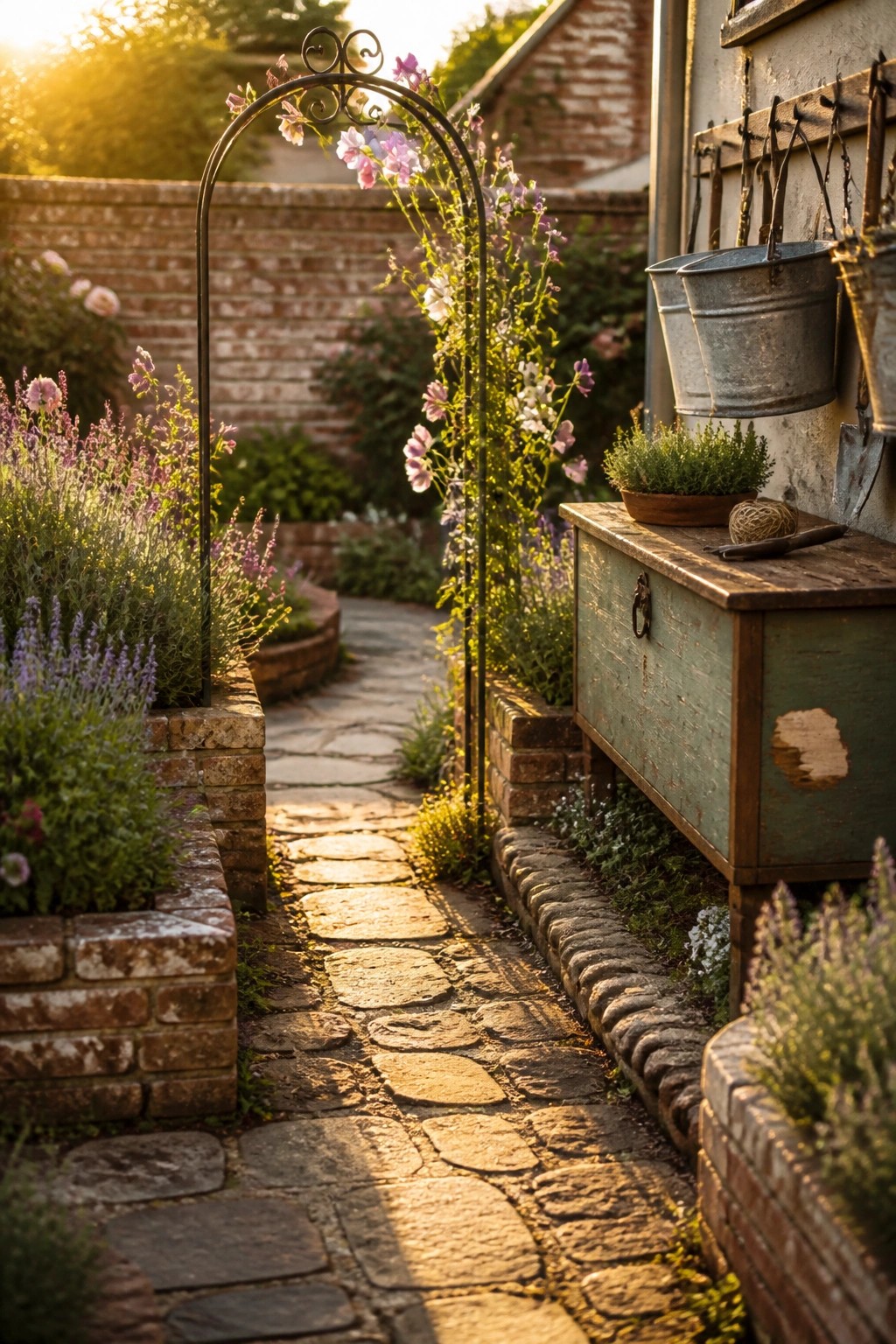 Sunlit cobblestone path under floral arch beside weathered wooden bench with buckets