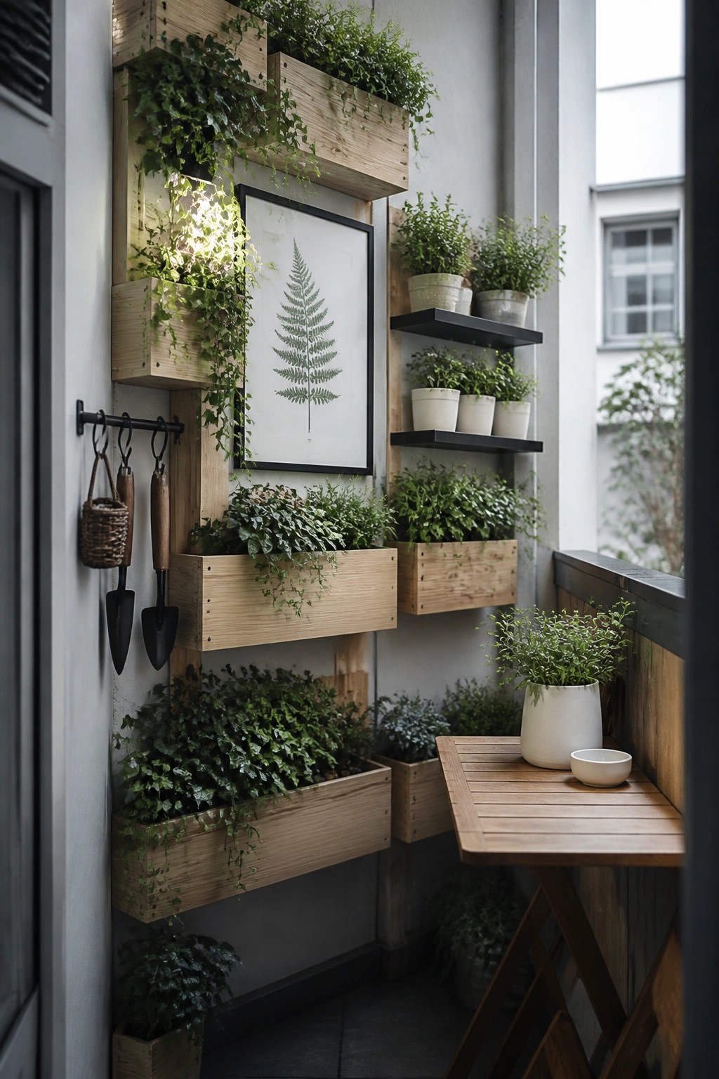 A compact balcony features multiple wooden wall-mounted planters filled with various green plants, a framed botanical print, hanging gardening tools on the left, and a small wooden table with a potted plant.